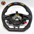 Handcrafted Skoda flat bottom steering wheel with integrated LED shift lights carbon fiber frame and premium perforated leather sections for Kamiq 2019 2024 Scala 2019 2024 by CJ Mod Garage