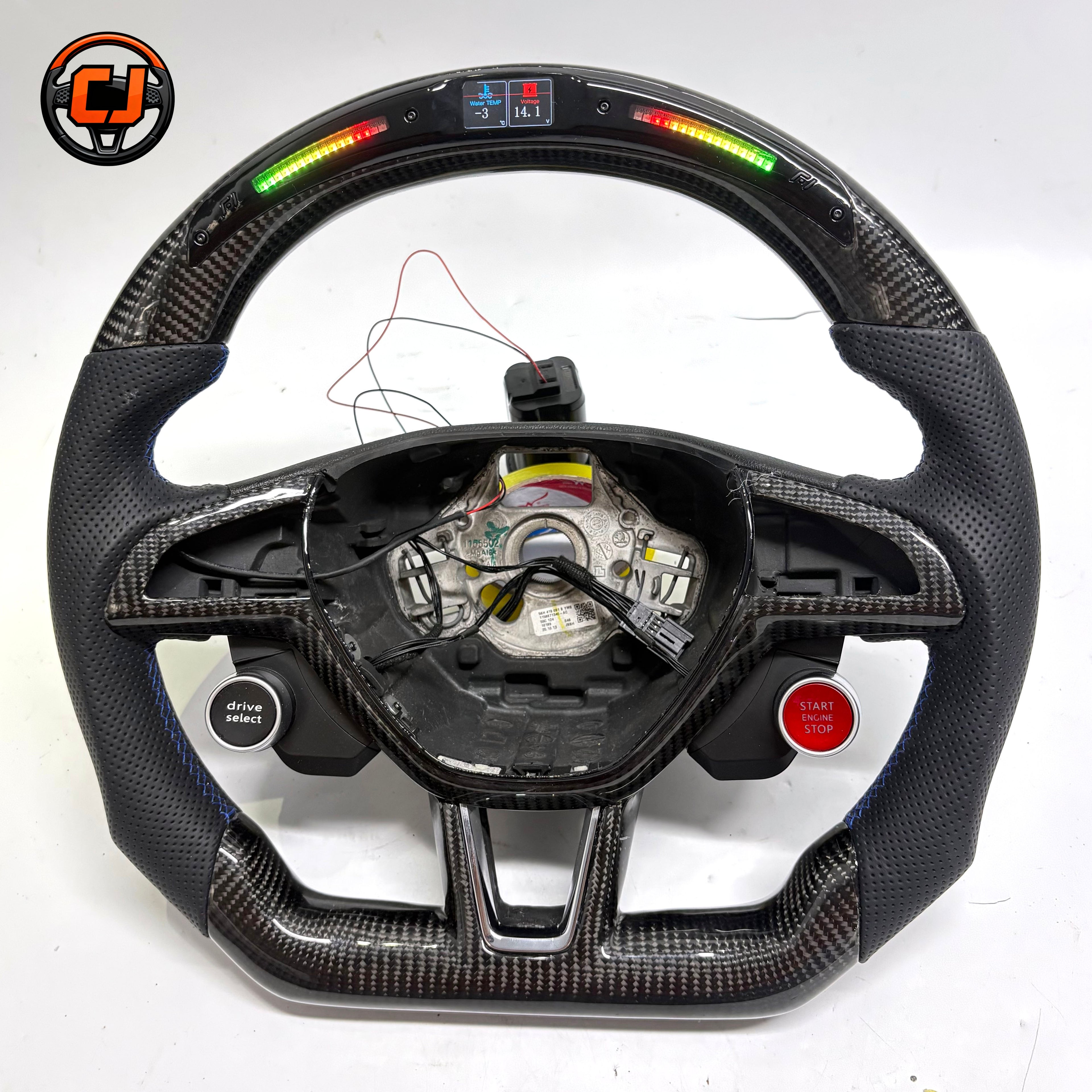 Handcrafted Skoda flat bottom steering wheel with integrated LED shift lights carbon fiber frame and premium perforated leather sections for Kamiq 2019 2024 Scala 2019 2024 by CJ Mod Garage