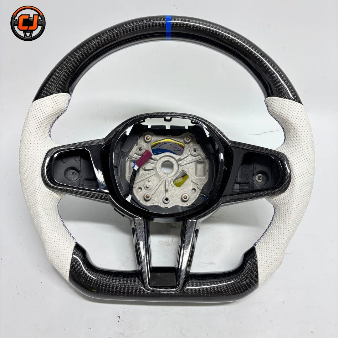 BMW G/F Series 2016-2025 carbon fiber steering wheel frame with white perforated leather by CJ Mod Garage