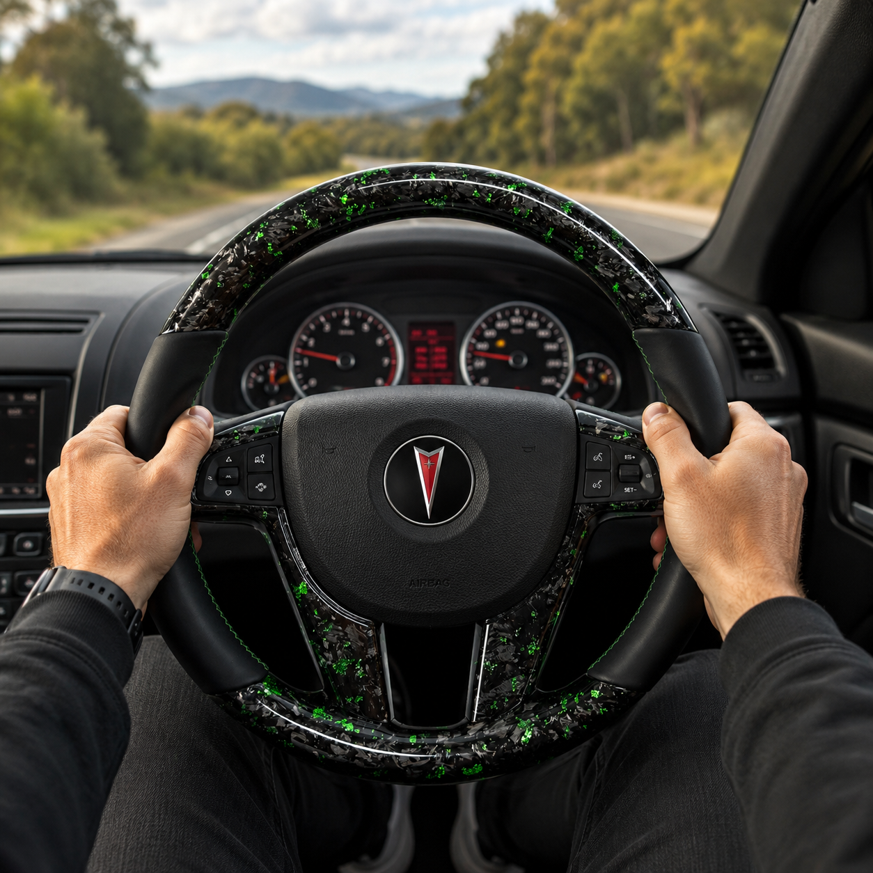 FOR Holden VE/Pontiac G8 Steering Wheel - Green Forged Carbon Fiber & Black Smooth Leather - CJ Mod Garage &Driving Scene Images