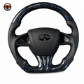 Custom Infiniti Q50 steering wheel featuring blue forged carbon fiber accents black leather hand grips and integrated airbag cover by CJ Mod Garage