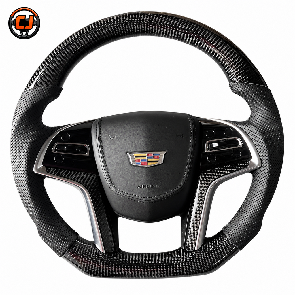 Cadillac XTS carbon fiber steering wheel front view with perforated leather grips and OEM style airbag cover by CJ Mod Garage