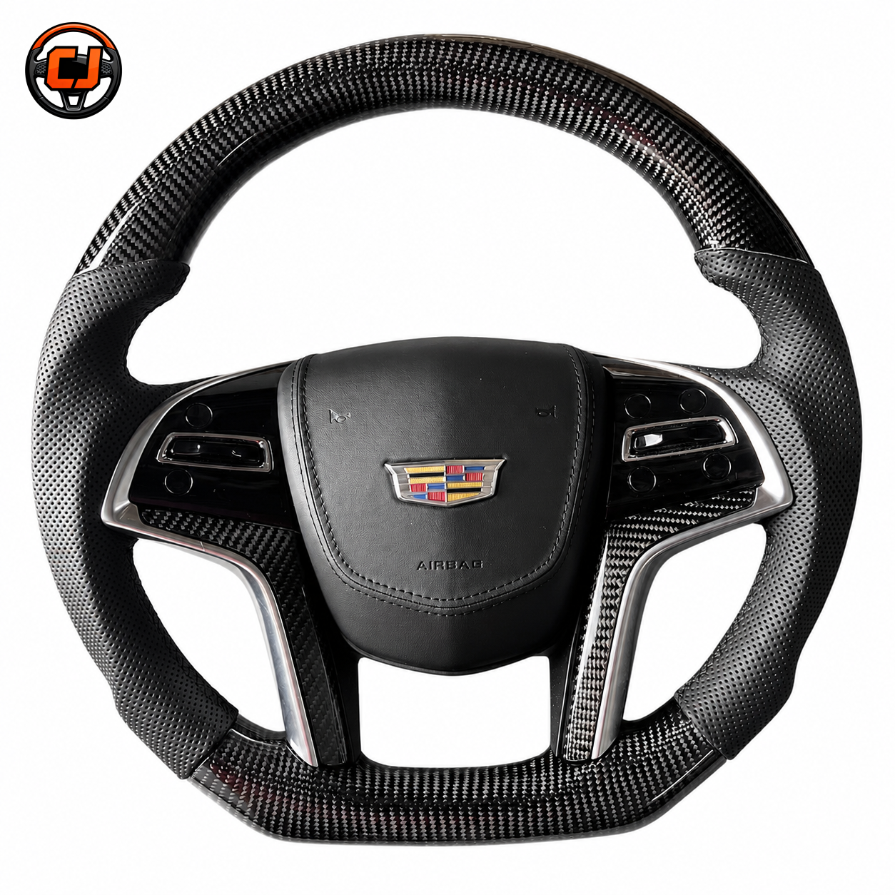 Cadillac XTS carbon fiber steering wheel front view with perforated leather grips and OEM style airbag cover by CJ Mod Garage