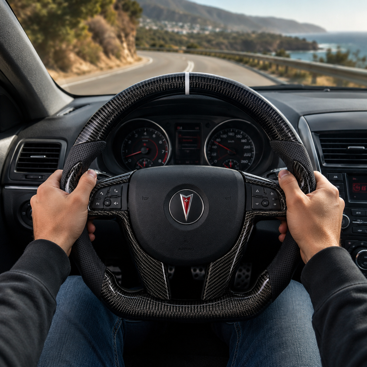 FOR Holden VE/Pontiac G8 Steering Wheel - Black Carbon Fiber & Black Perforated Leather - CJ Mod Garage&Driving Scene Images