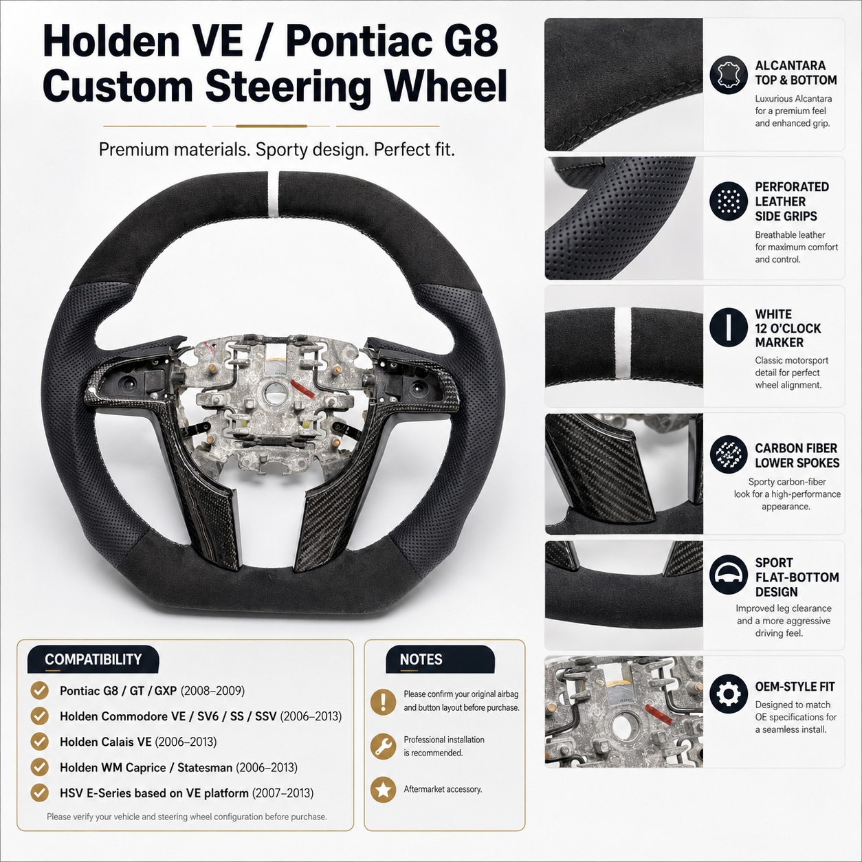FOR Holden Commodore VE/Pontiac G8 Steering Wheel - Black Alcantara & Black Perforated Leather & White Stripe at 12 o'clock - CJ Mod Garage & Product Details Image
