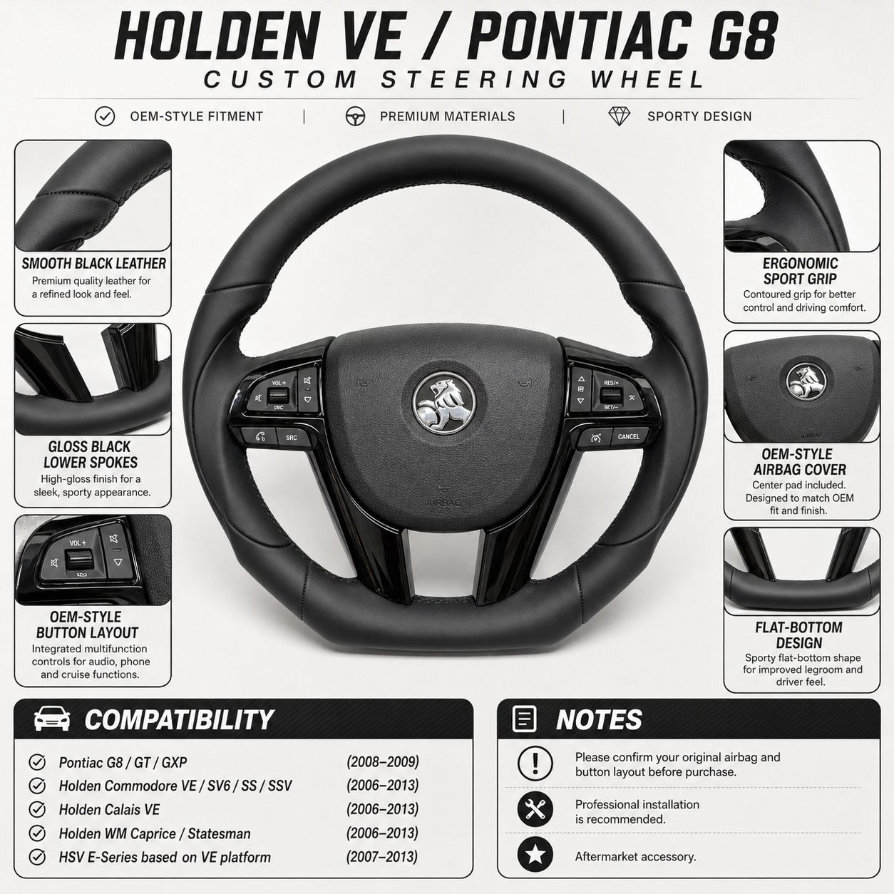 FOR Holden Commodore VE/Pontiac G8 Steering Wheel - Black Smooth Leather - CJ Mod Garage & Product Details Image