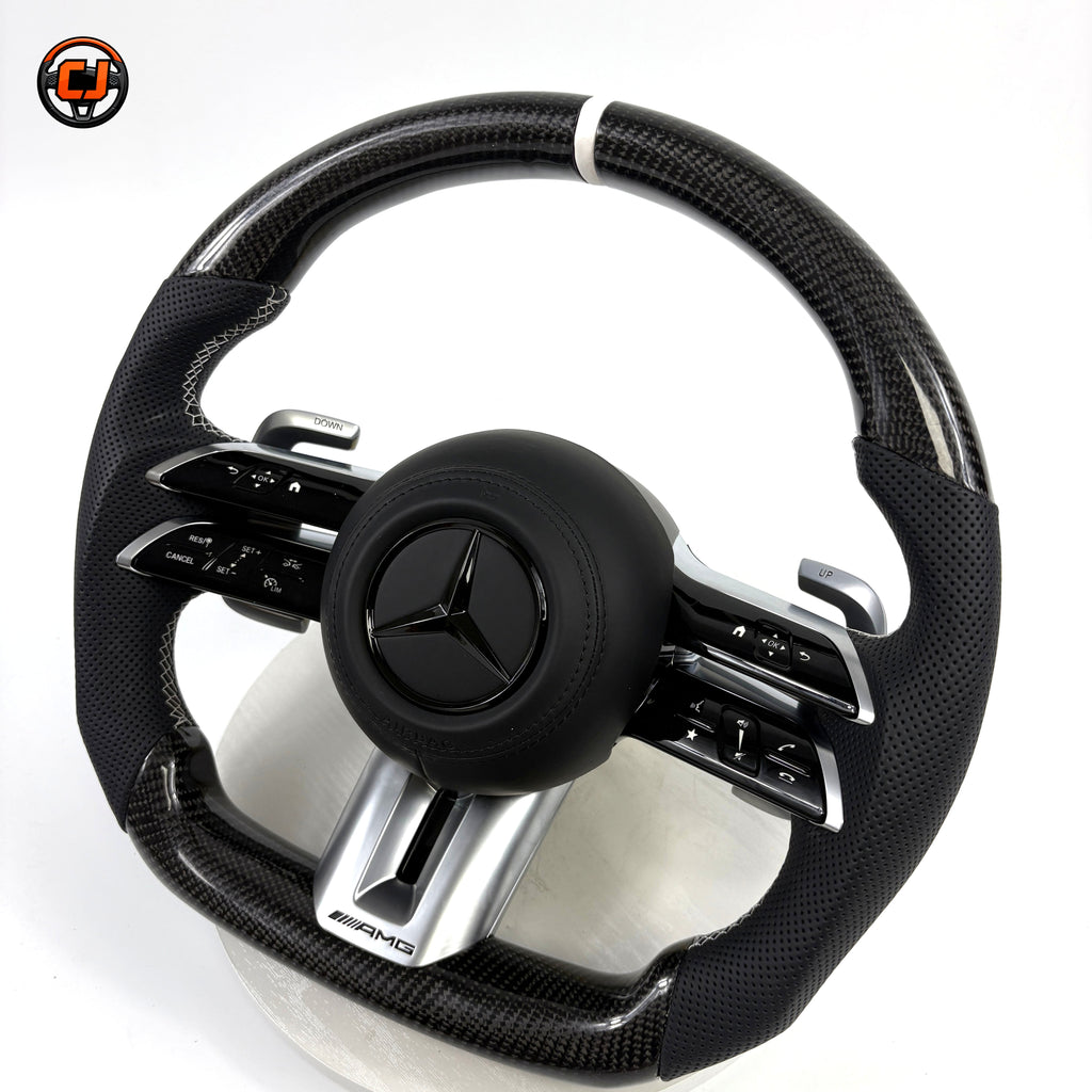 Mercedes W218 CLS 2012-2018 carbon fiber Dragonfly steering wheel with perforated side grips by CJ Mod Garage