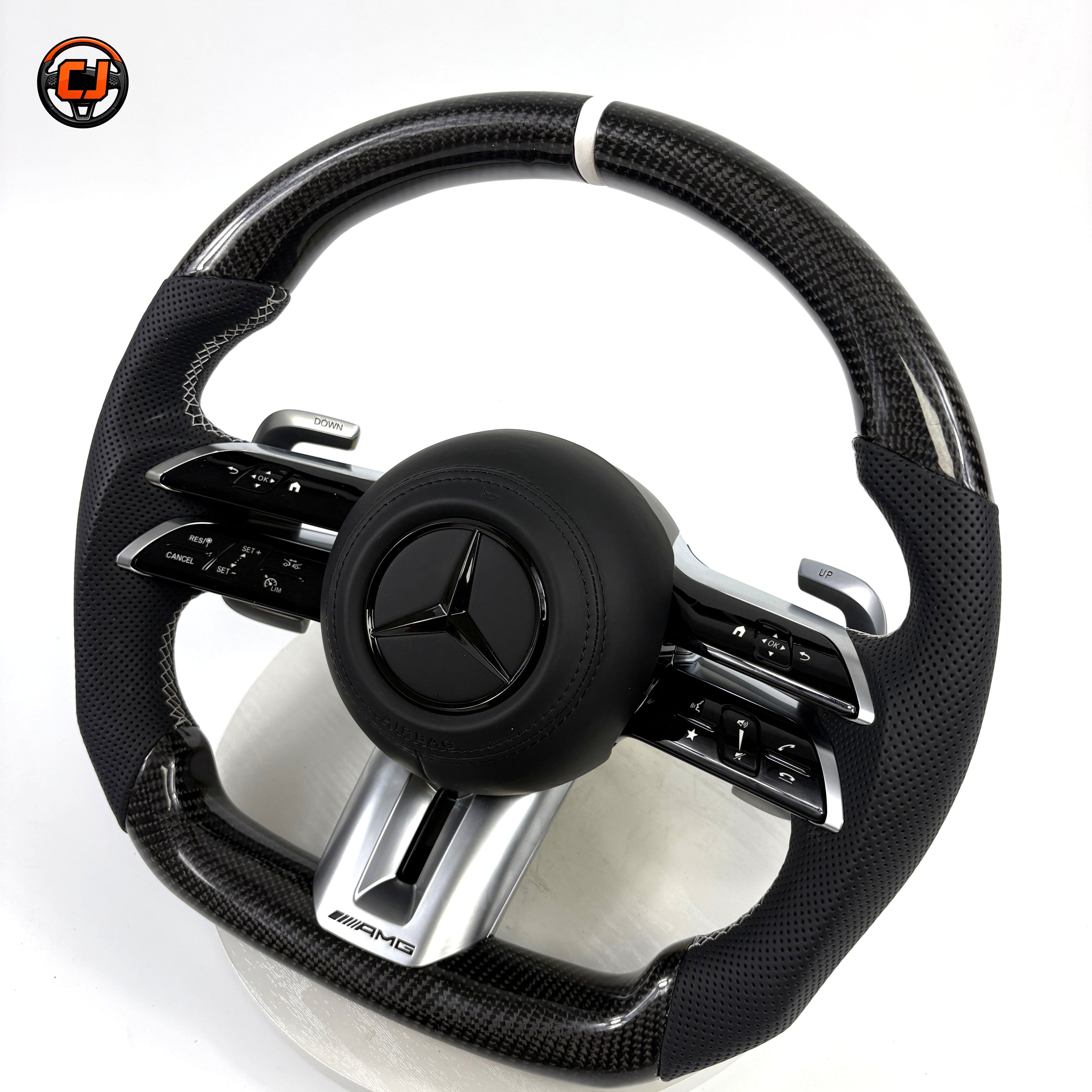 Mercedes W218 CLS 2012-2018 carbon fiber Dragonfly steering wheel with perforated side grips by CJ Mod Garage