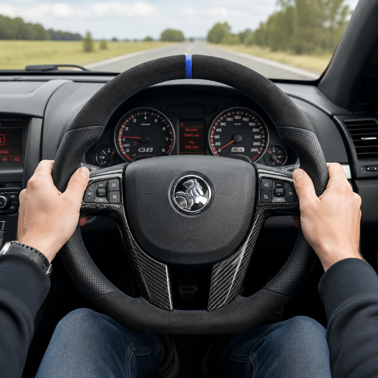 FOR Holden Commodore VE/Pontiac G8 steering wheel - Black Alcantara & Blue stripe at 12 o'clock - CJ Mod Garage & Driving Scene Images