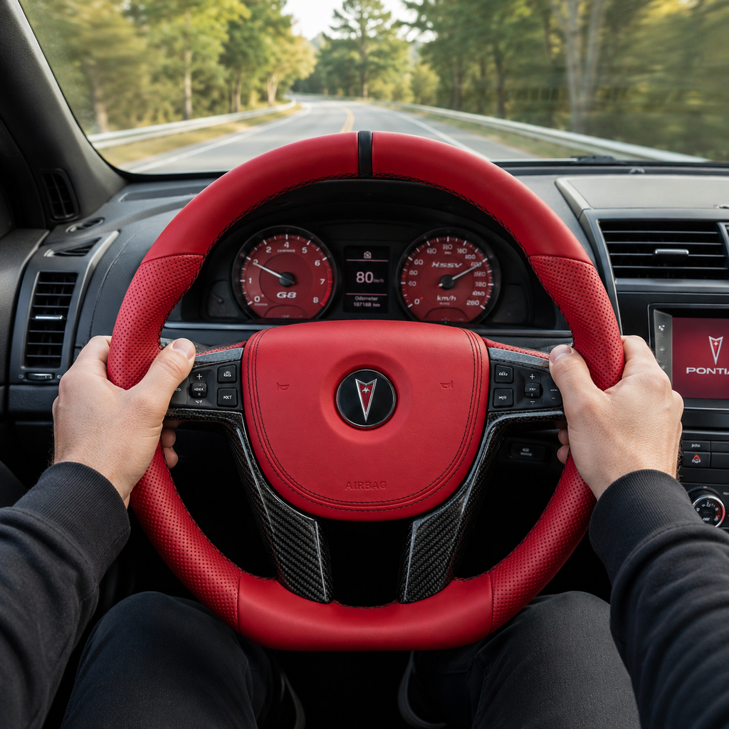FOR Holden VE/Pontiac G8 Steering Wheel - Red Full Leather & Black Carbon Fiber - CJ Mod Garage & Driving Scene Images