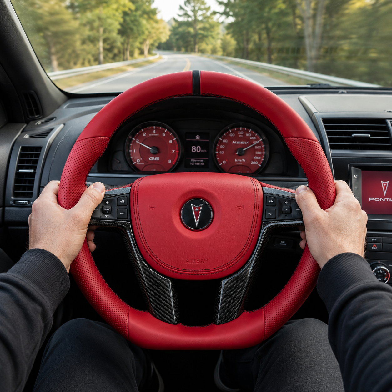 FOR Holden VE/Pontiac G8 Steering Wheel - Red Full Leather & Black Carbon Fiber - CJ Mod Garage & Driving Scene Images