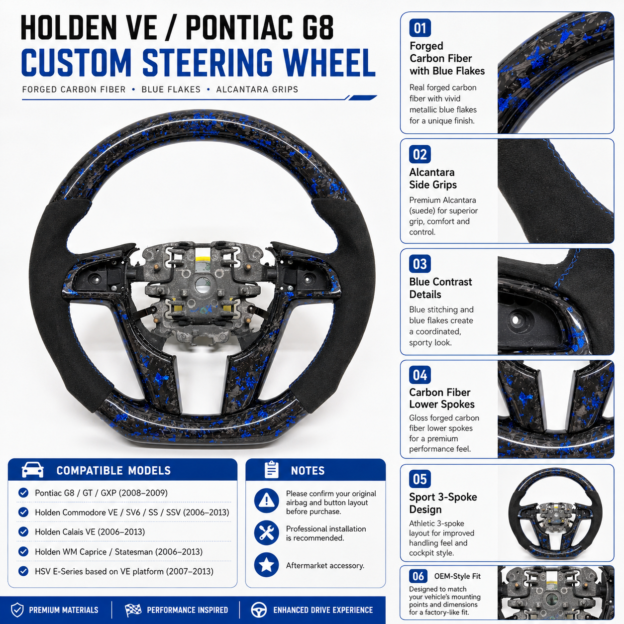 FOR Holden VE/Pontiac G8 Steering Wheel - Blue Forged Carbon Fiber & Black Alcantara - CJ Mod Garage&Product Details Image
