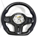 BMW G-series carbon fiber steering wheel frame with round airbag mounting layout, perforated leather grips, and flat-bottom sport contour on white background for BMW G02 G05 G06 G09 G11 G12 G15 G20 G22 G28 G29 G30 G38 G80 G82 F40 F90