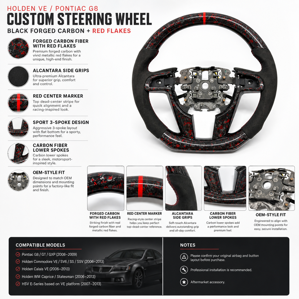 FOR Holden VE/Pontiac G8 Steering Wheel - Red Forged Carbon Fiber & Black Alcantara - CJ Mod Garage &Product Details Image