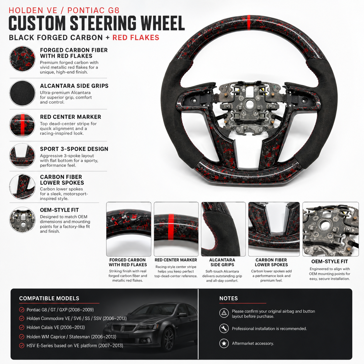 FOR Holden VE/Pontiac G8 Steering Wheel - Red Forged Carbon Fiber & Black Alcantara - CJ Mod Garage &Product Details Image