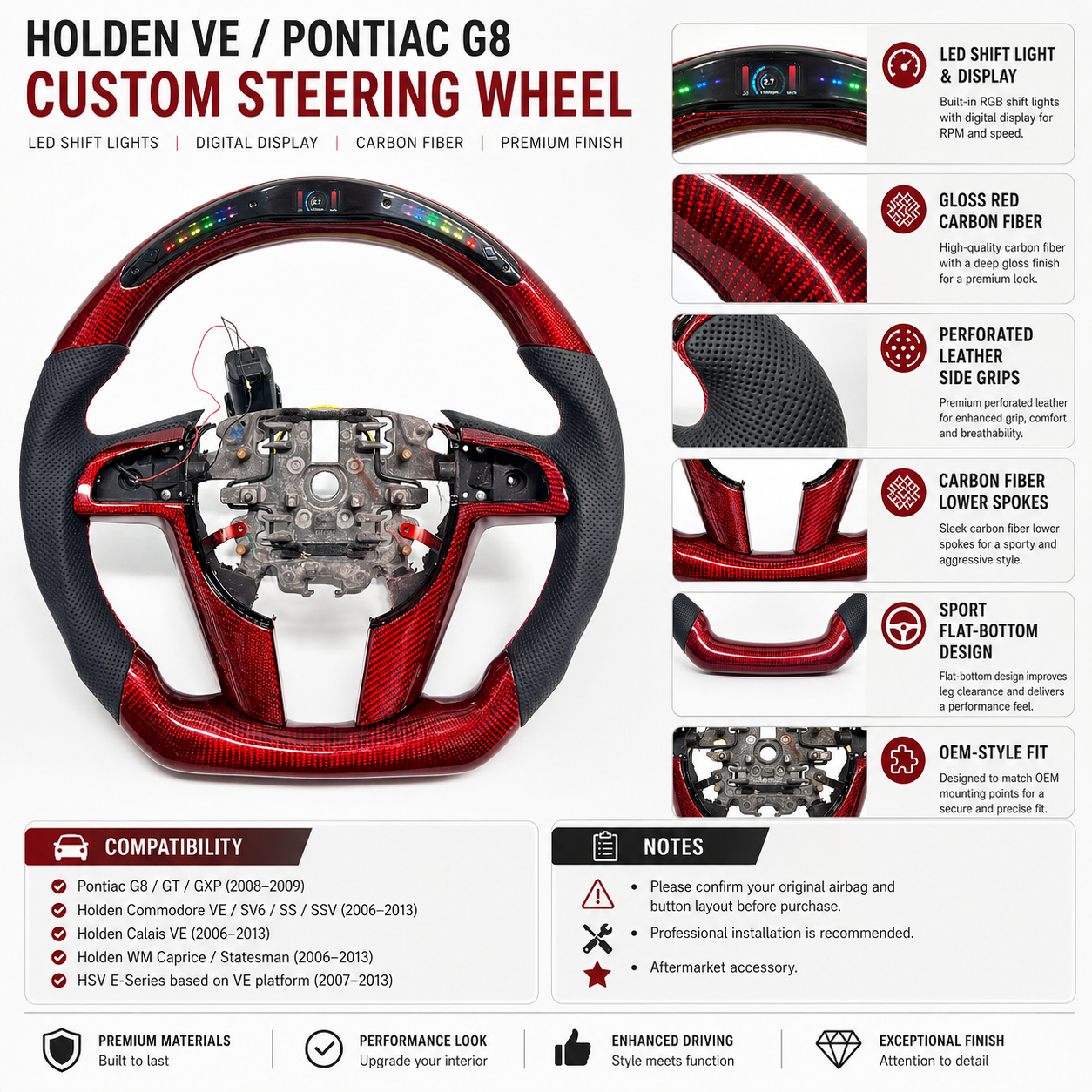 FOR Holden VE/Pontiac G8 Steering Wheel - Red Carbon Fiber & Black Perforated Leather & LED - CJ Mod Garage & Product Details Image
