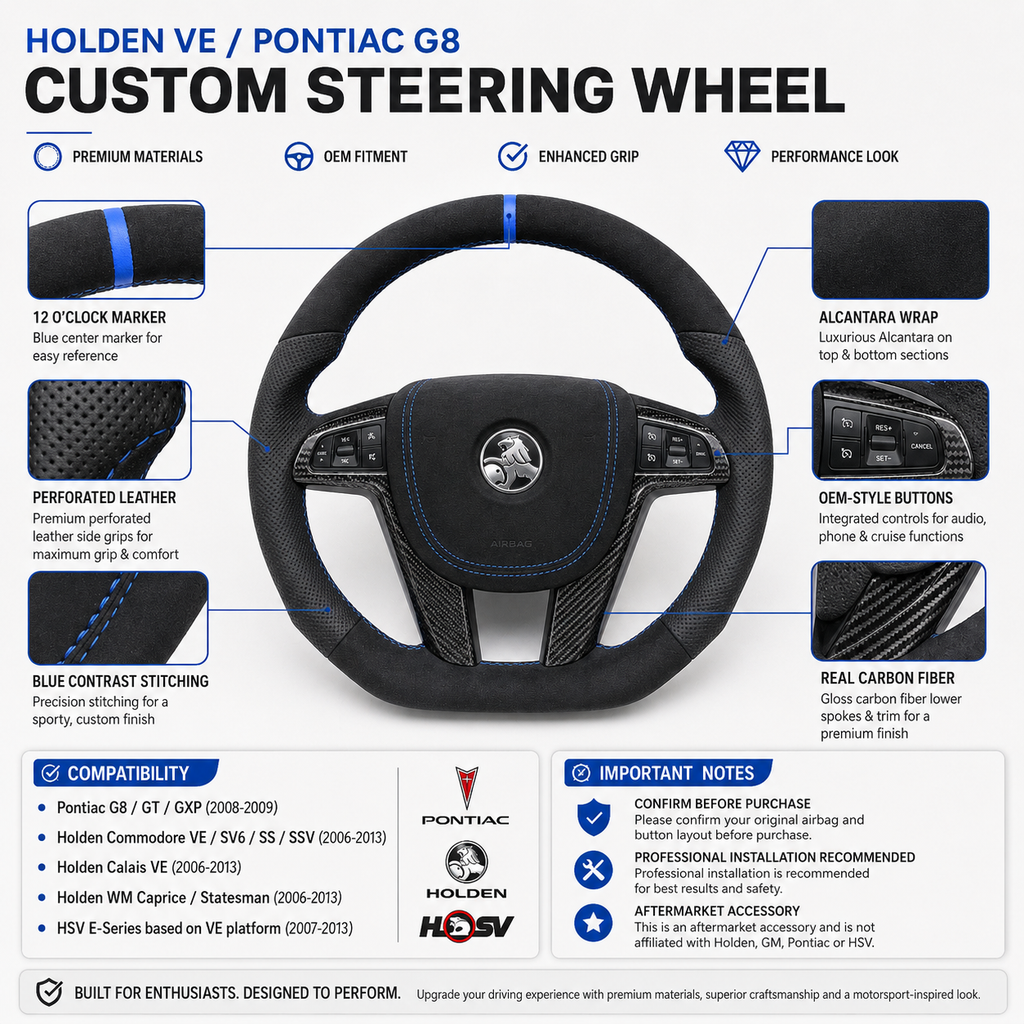 FOR Holden Commodore VE/Pontiac G8 Steering Wheel - Black Alcantara & Black Perforated Leather & Blue Stripe at 12 o'clock & Alcantara Airbag Cover - CJ Mod Garage & Product Details Image