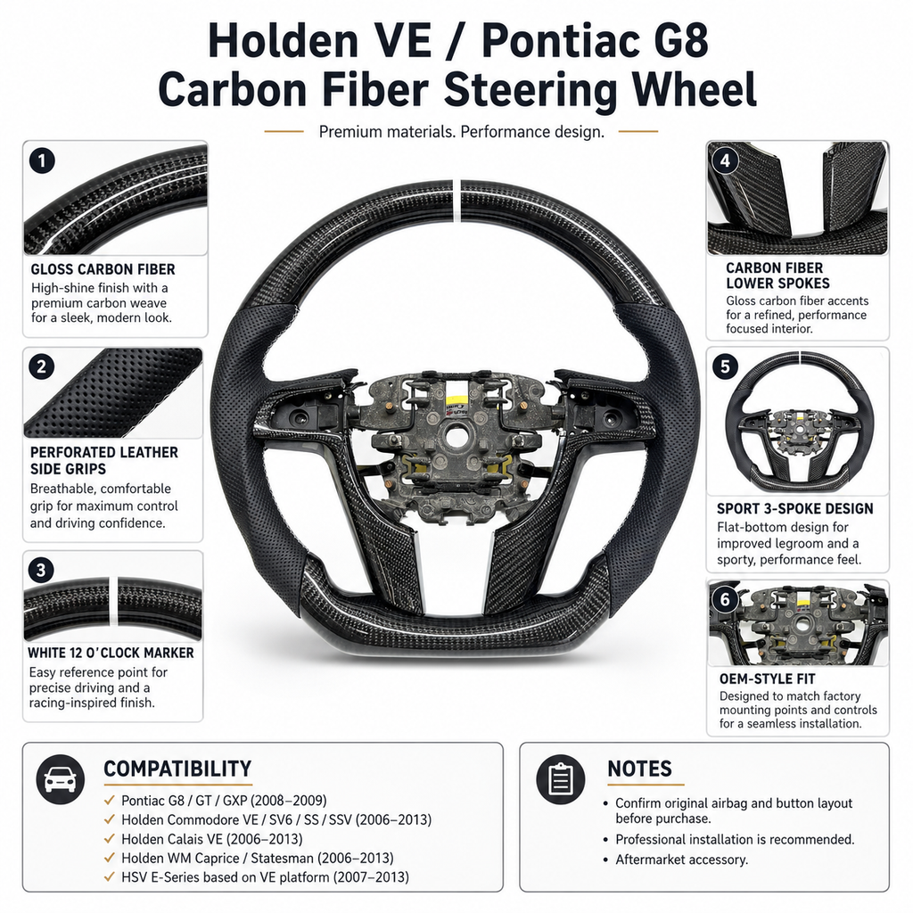 FOR Holden VE/Pontiac G8 Steering Wheel - Black Carbon Fiber & Black Perforated Leather - CJ Mod Garage & Product Details Image