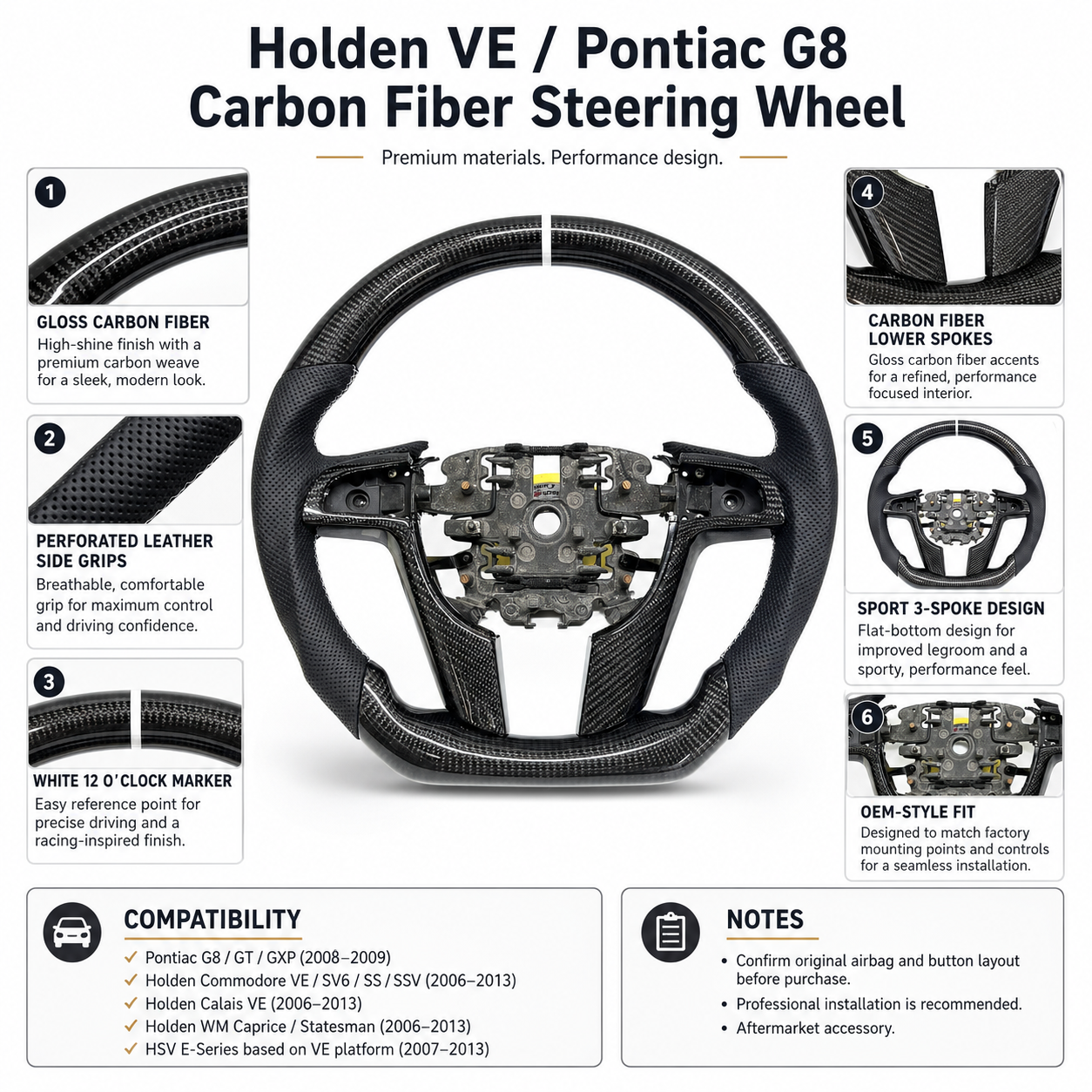 FOR Holden VE/Pontiac G8 Steering Wheel - Black Carbon Fiber & Black Perforated Leather - CJ Mod Garage & Product Details Image