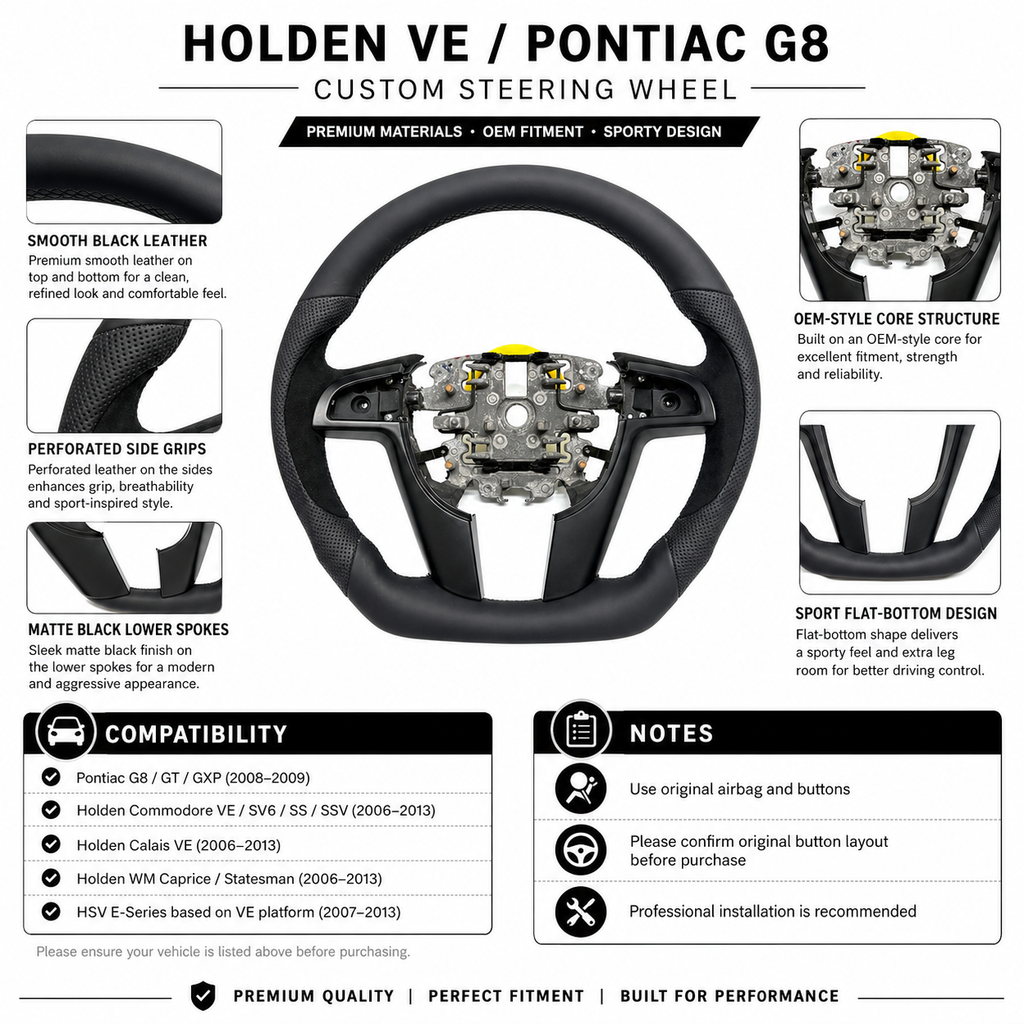 FOR Holden Commodore VE/Pontiac G8 Steering Wheel - Black Smooth Leather & Black Alcantara - CJ Mod Garage & Product Details Image
