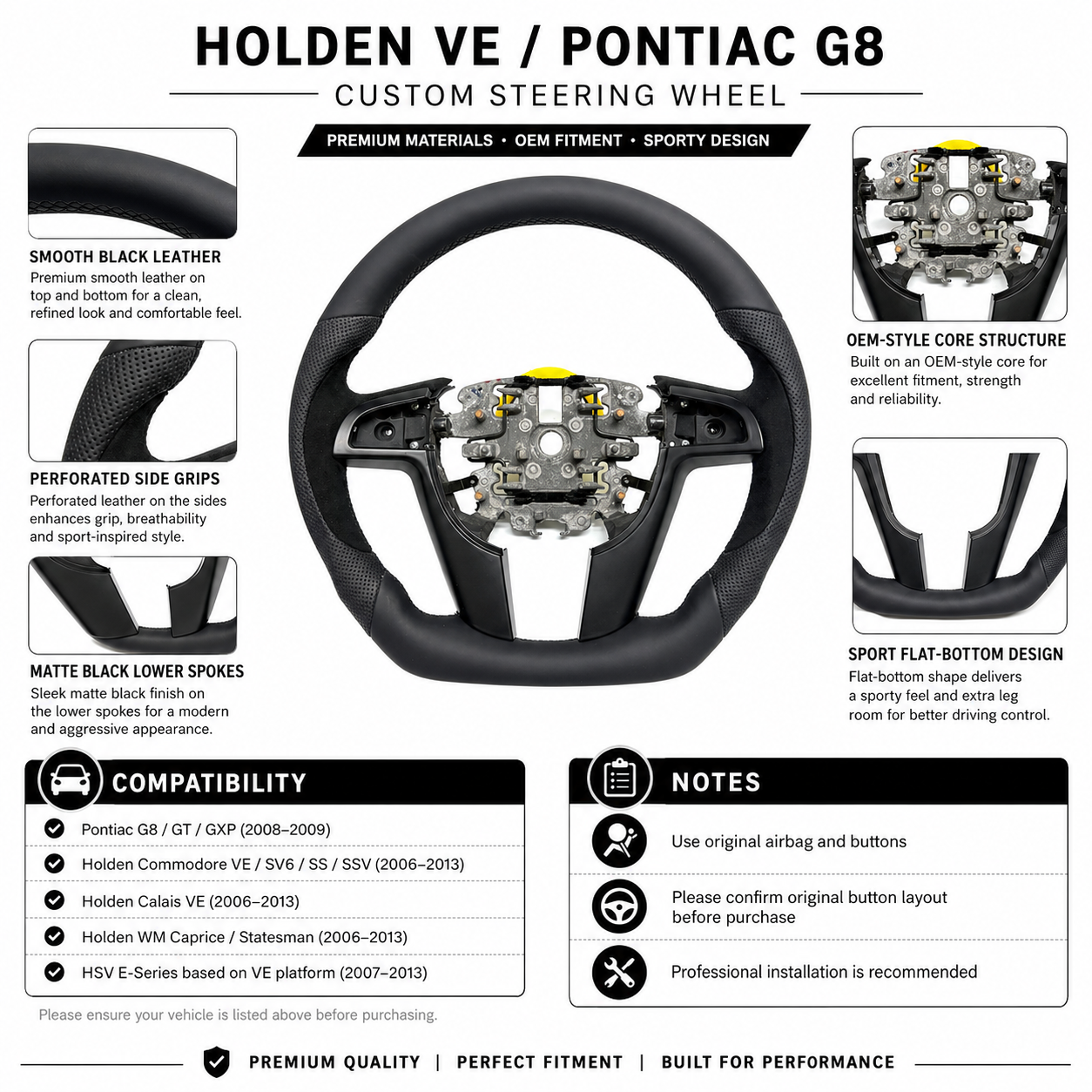 FOR Holden Commodore VE/Pontiac G8 Steering Wheel - Black Smooth Leather & Black Alcantara - CJ Mod Garage & Product Details Image