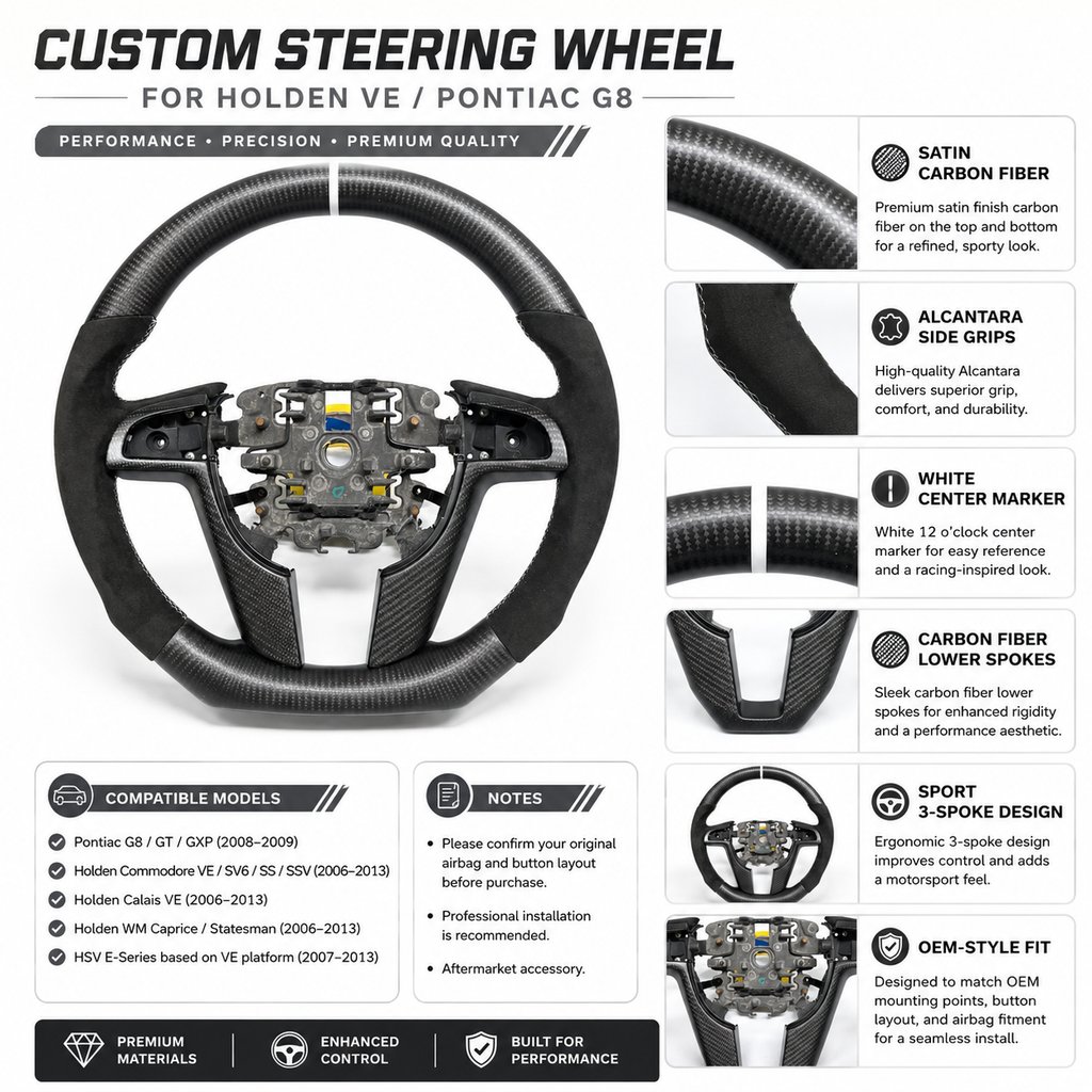 FOR Holden VE/Pontiac G8 Steering Wheel - Matte Black Carbon Fiber & Black Alcantara - CJ Mod Garage &Product Details Image