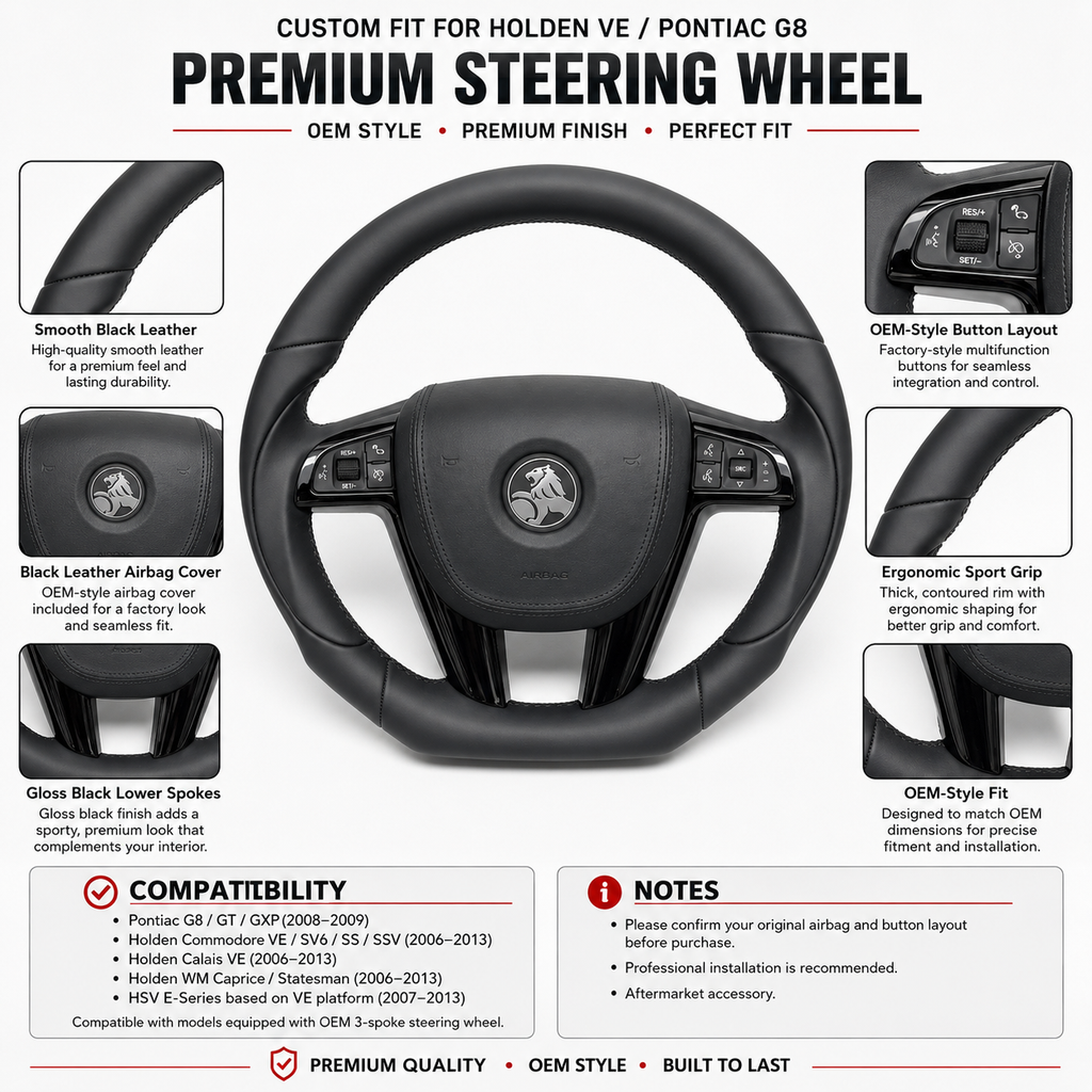 FOR Holden Commodore VE/Pontiac G8 Steering Wheel - Black Smooth Leather & Black Smooth Leather Airbag Cover - CJ Mod Garage & Product Details Image