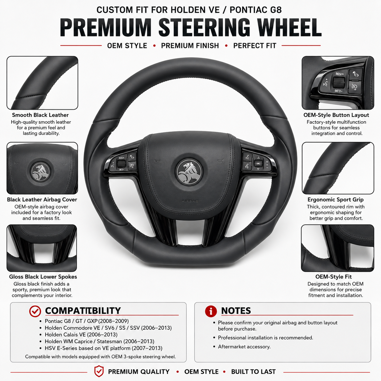 FOR Holden Commodore VE/Pontiac G8 Steering Wheel - Black Smooth Leather & Black Smooth Leather Airbag Cover - CJ Mod Garage & Product Details Image