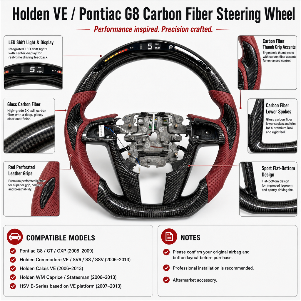FOR Holden VE/Pontiac G8 Steering Wheel - Black Carbon Fiber & Bordeaux Red Perforated Leather & LED - CJ Mod Garage & Product Details Image