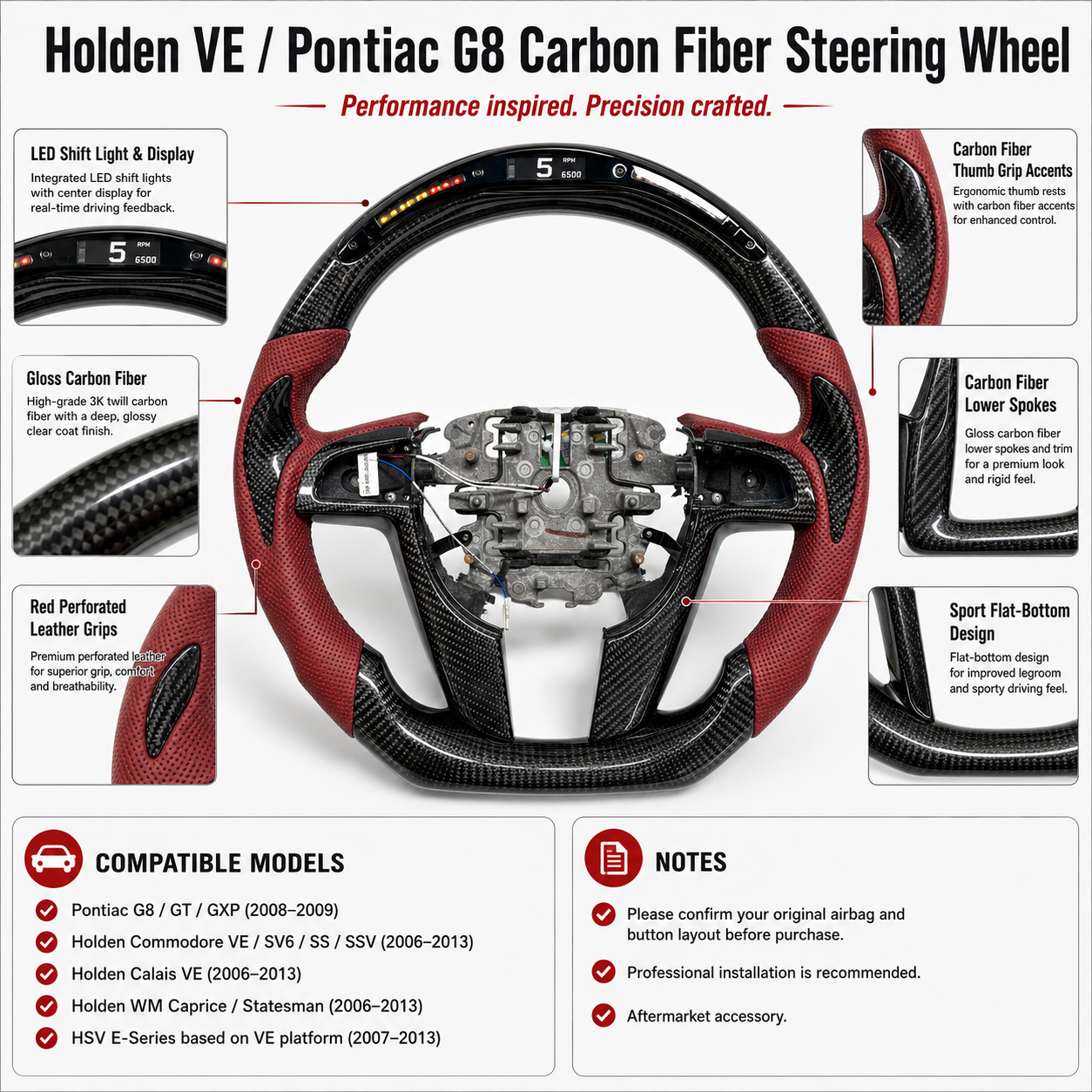 FOR Holden VE/Pontiac G8 Steering Wheel - Black Carbon Fiber & Bordeaux Red Perforated Leather & LED - CJ Mod Garage & Product Details Image