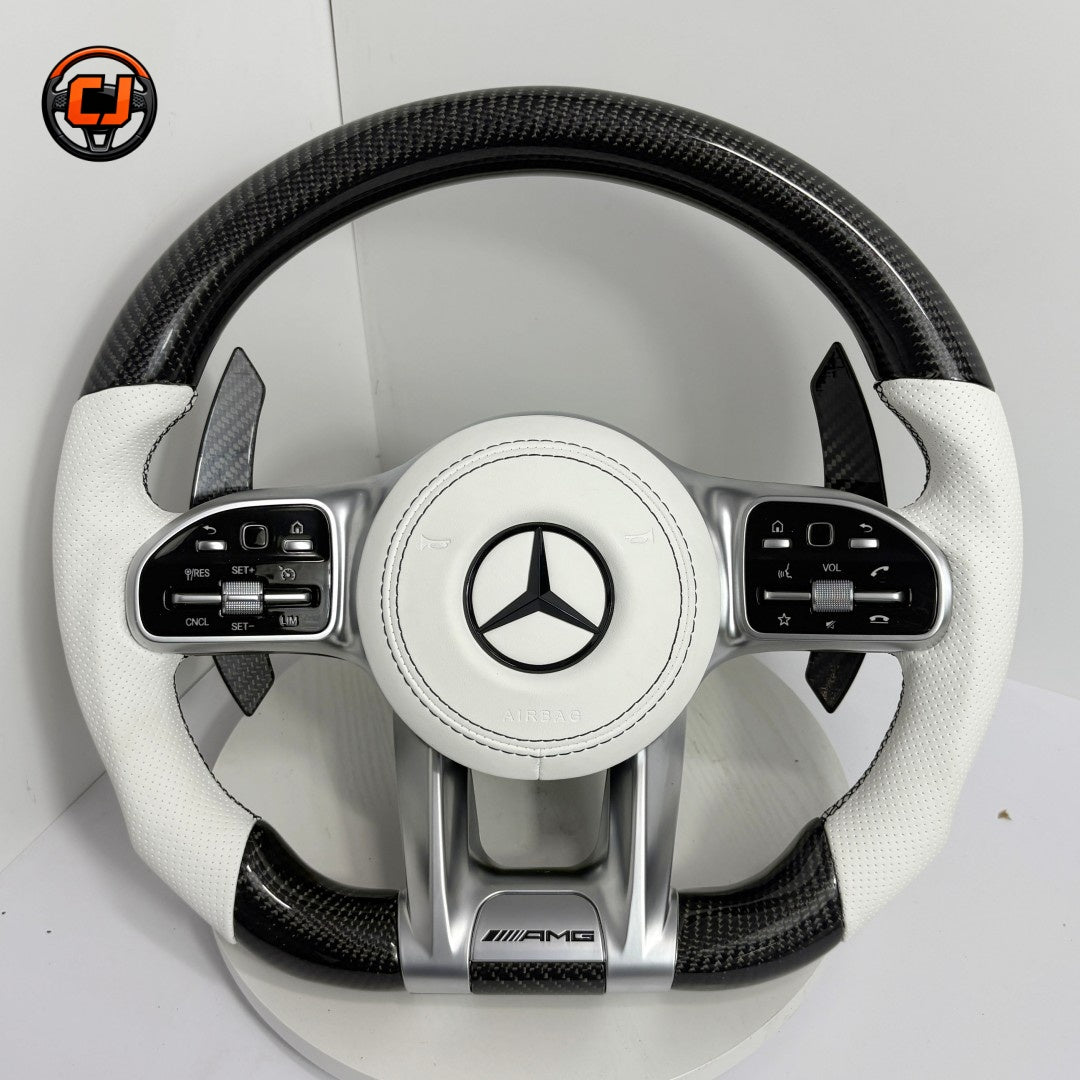 Mercedes AMG carbon fiber steering wheel with white leather airbag cover and multifunction controls for W176 W177 W204 W205 C43 C63 by CJ Mod Garage