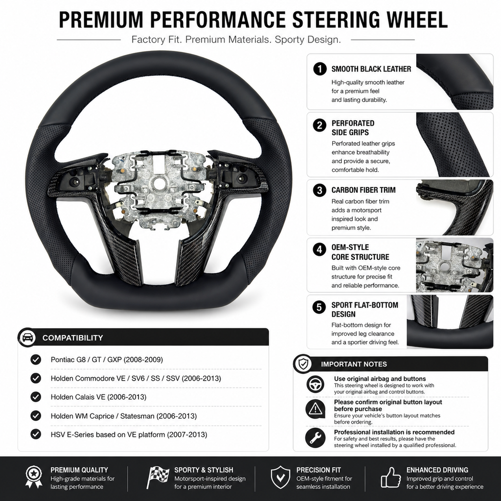 FOR Holden Commodore VE/Pontiac G8 Steering Wheel - Black Smooth Leather & Black Perforated Leather - CJ Mod Garage & Product Details Image