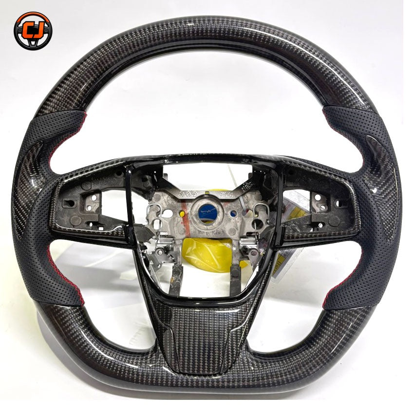 Honda Civic Type R FK8 style carbon fiber steering wheel frame with perforated leather sections and sport contour design by CJ Mod Garage