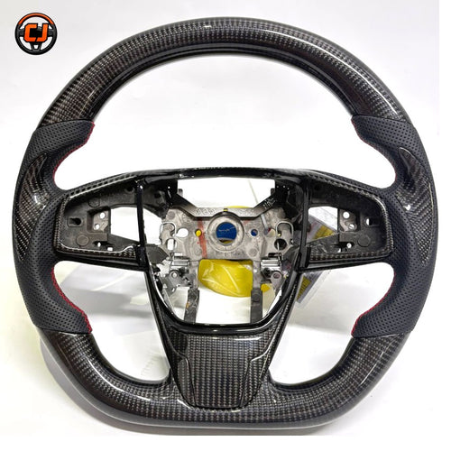 Honda Civic Type R FK8 style carbon fiber steering wheel frame with perforated leather sections and sport contour design by CJ Mod Garage