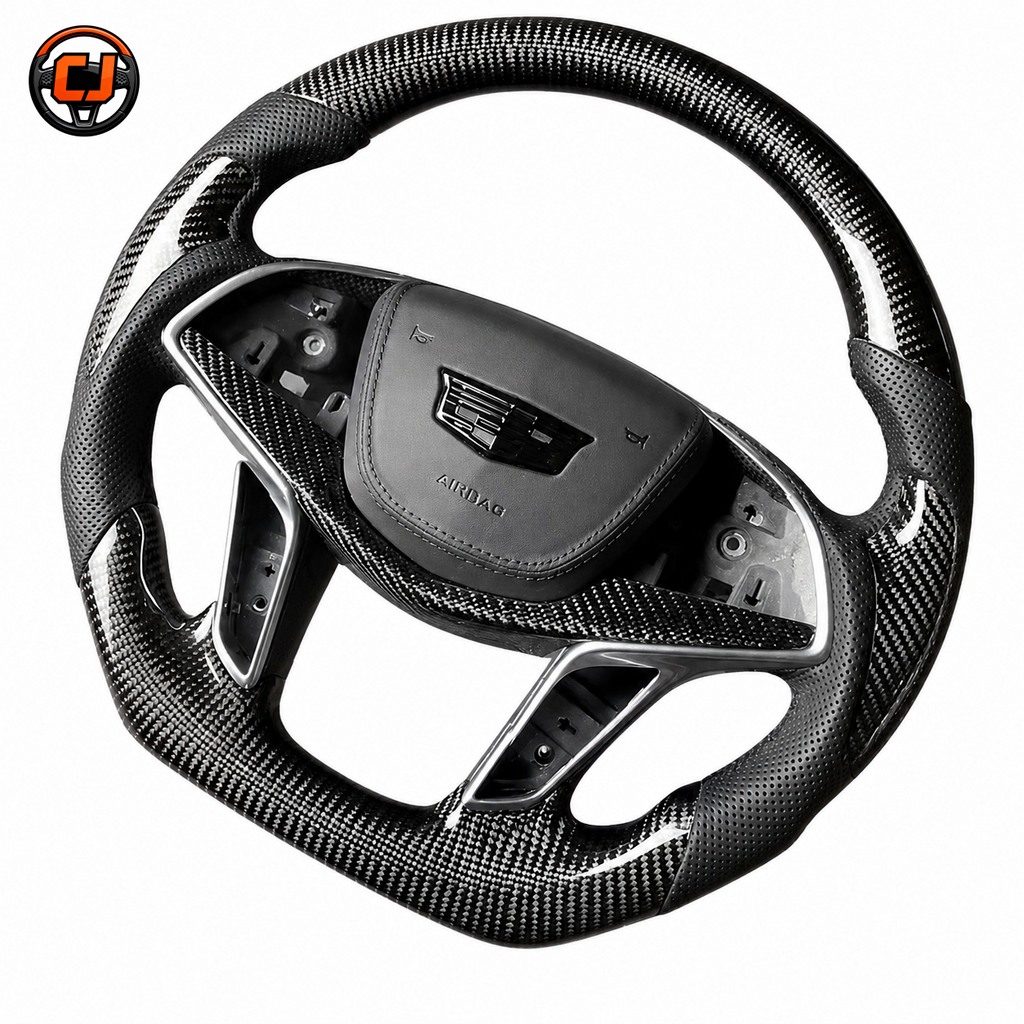 Cadillac XT5 CT6 gloss carbon fiber steering wheel with perforated leather and silver trim by CJ Mod Garage