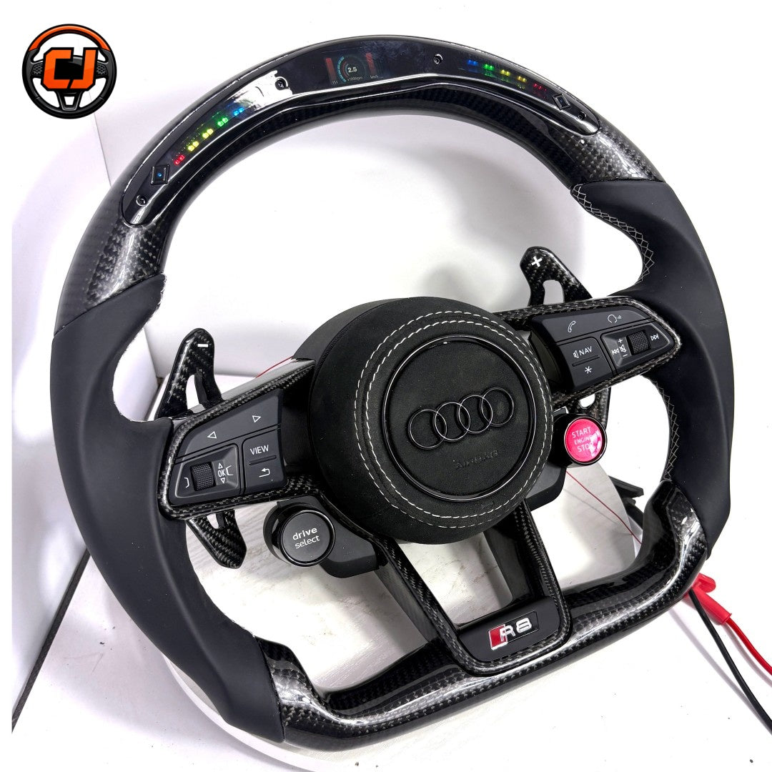 Audi R8 custom carbon fiber steering wheel with LED shift display Alcantara grips multifunction buttons paddle shifters and round airbag cover compatible with Audi A1 A3 A4 A5 A6 A7 C6 C7 S3 S4 S5 S7 Q3 Q5 Q7 SQ5 RS RS3 RS5 RS6 B8 B9 8P 8V R8 TT