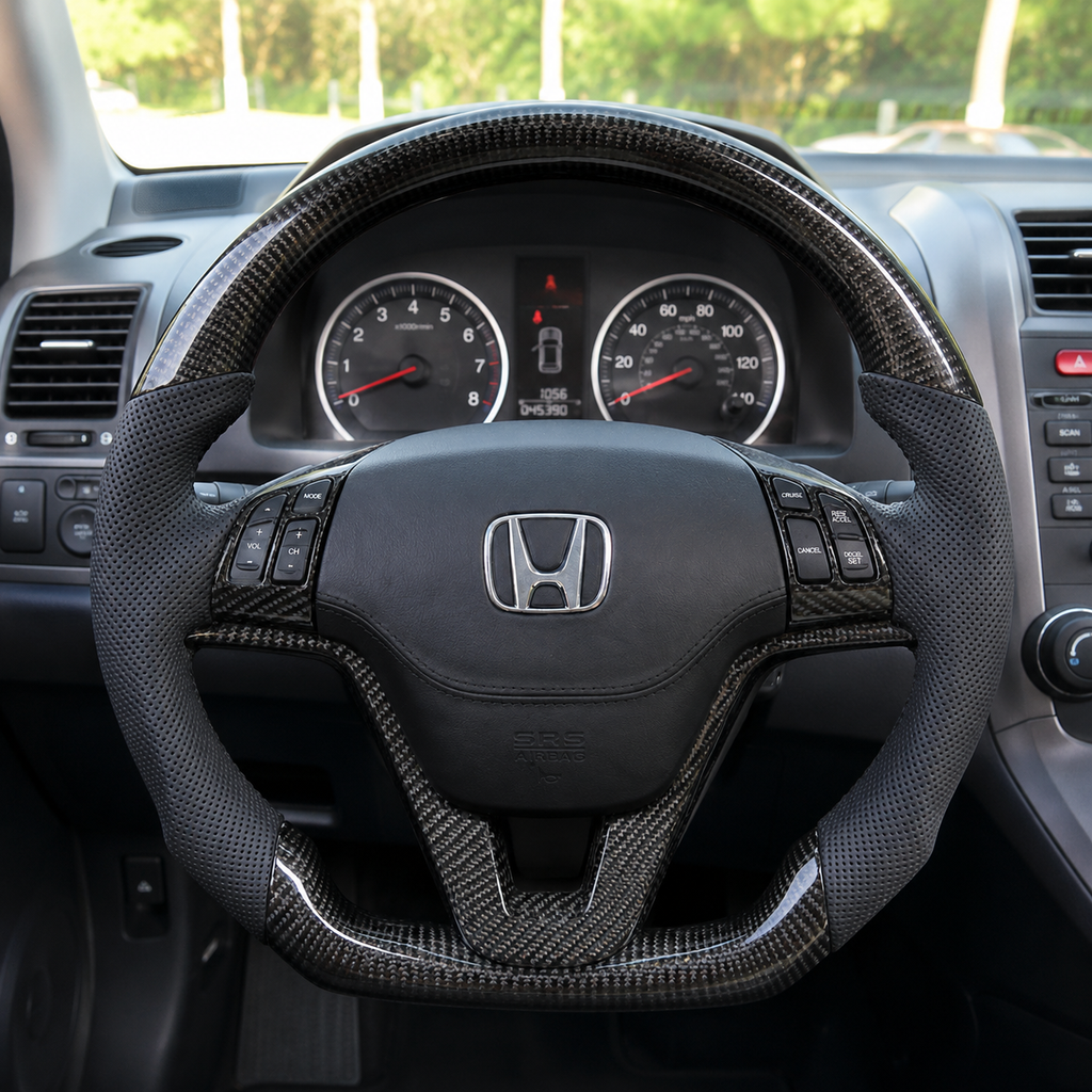 Honda CR-V 2007-2011 custom carbon fiber steering wheel with perforated leather grips and OEM style airbag cover installed by CJ Mod Garage
