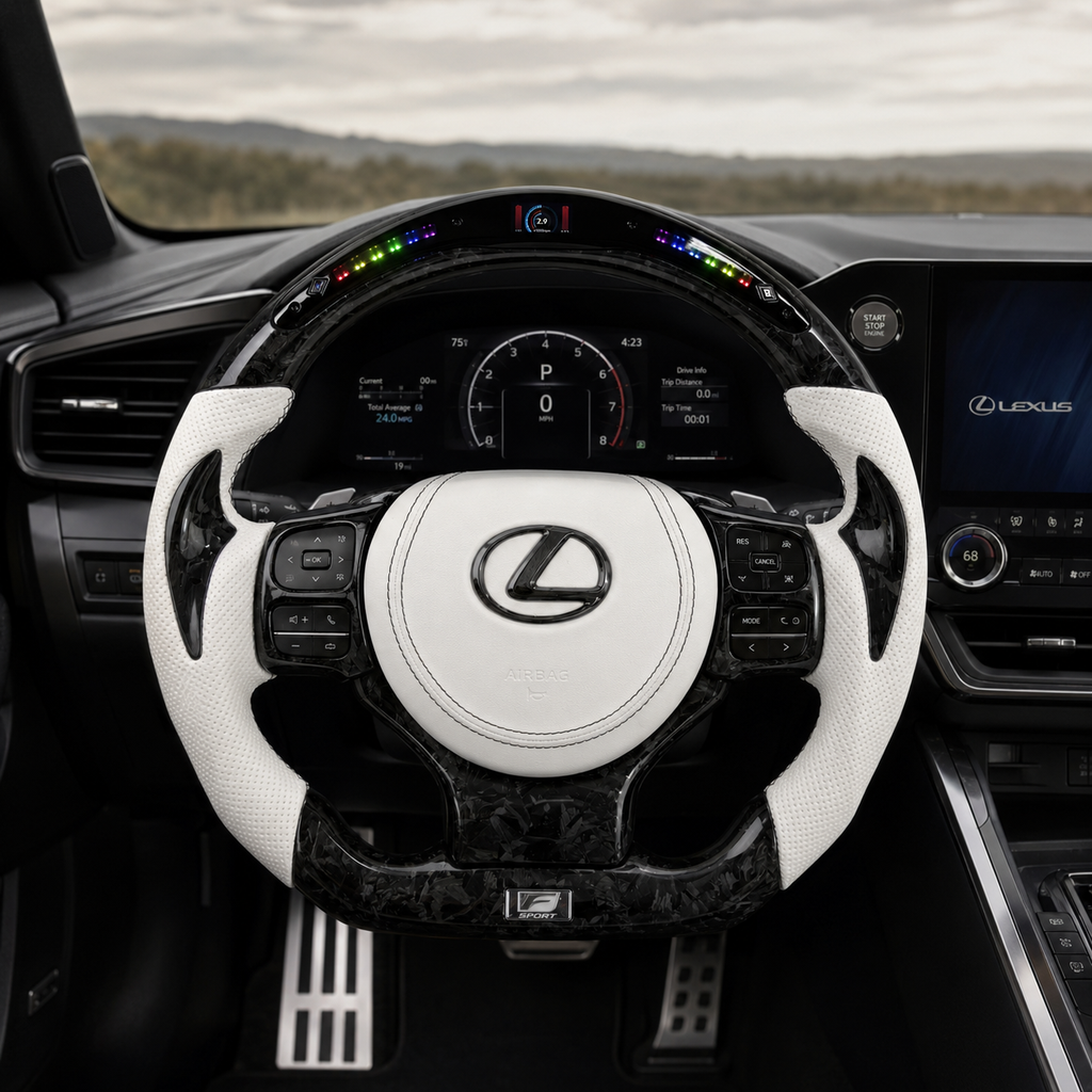 Custom Lexus F Sport Steering Wheel With LED Shift Light Display Forged Carbon Style And White Perforated Leather Installed In Cabin For Lexus IS 2014 2020 RC 2015 2020 GS 2013 2020 NX 2015 2021 CT 2014 2022 CJ Mod Garage