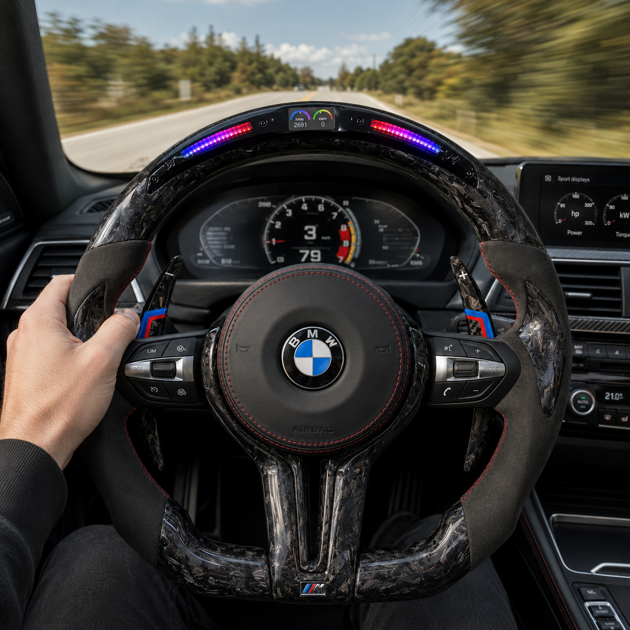 BMW F30 F32 F80 forged carbon fiber LED steering wheel installed in vehicle interior with Alcantara grips and carbon paddle shifters