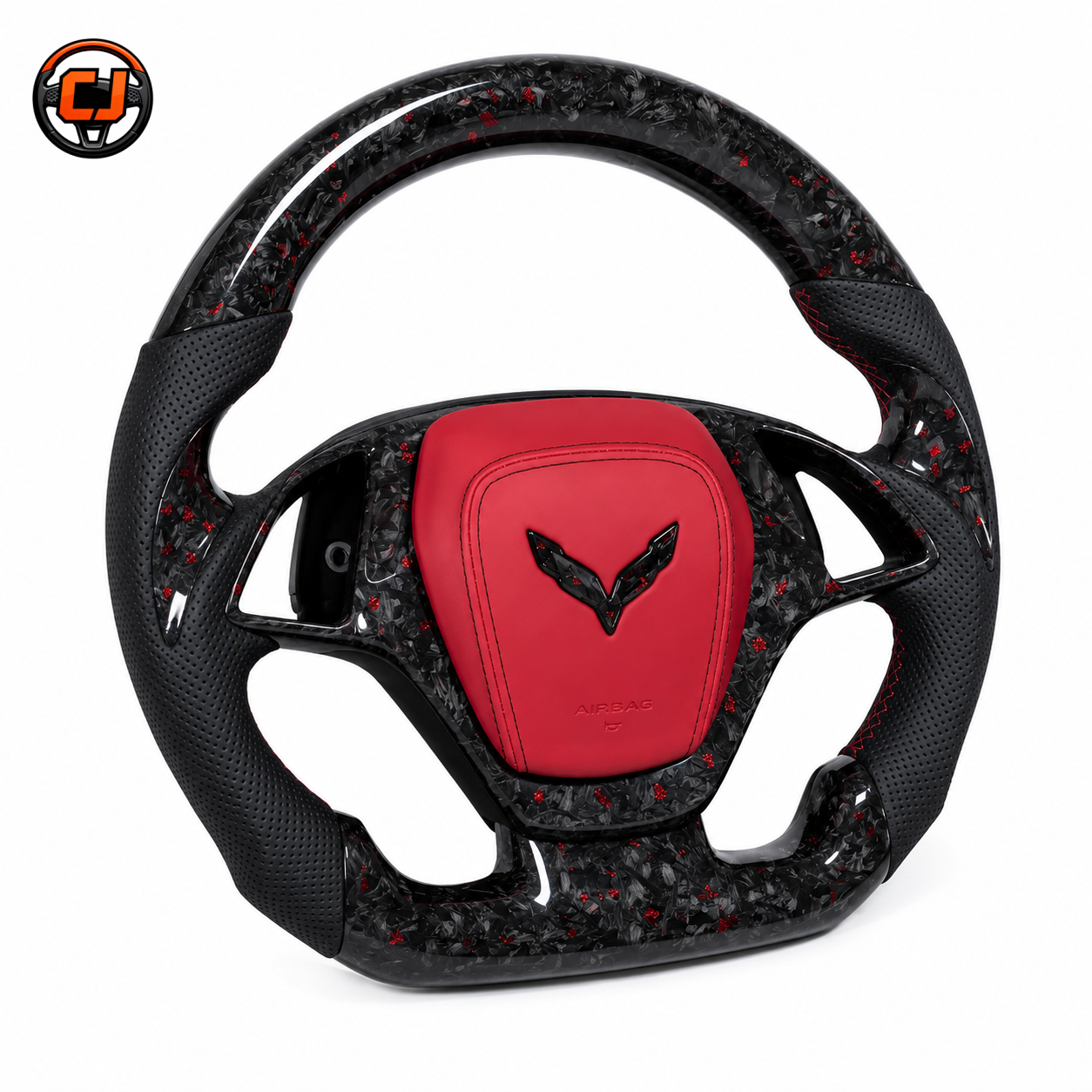 custom Chevrolet Corvette C7 steering wheel with red airbag cover black perforated leather grips red stitching and black forged carbon with red flakes