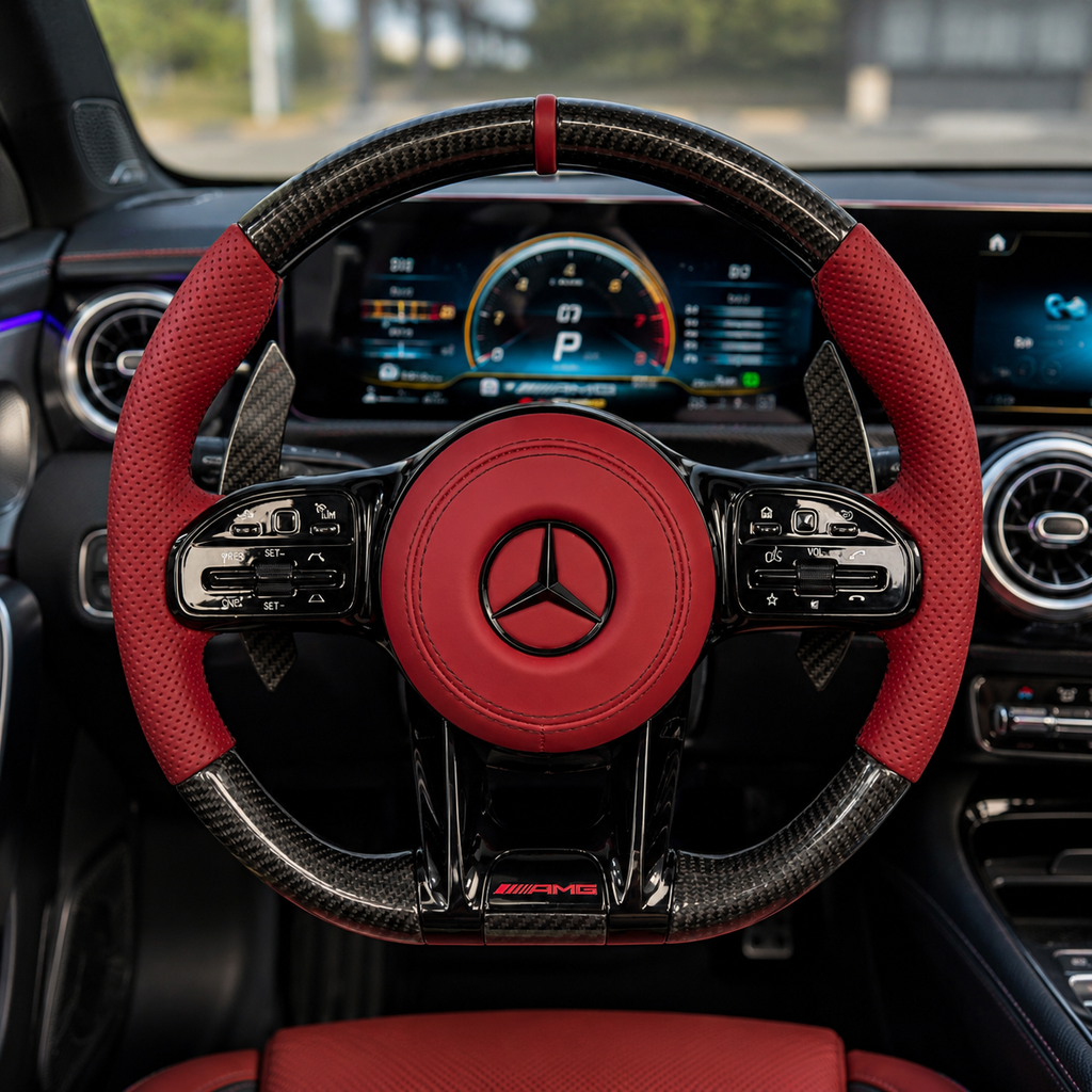 Mercedes AMG red leather carbon fiber steering wheel installed in W205 C63 interior for W117 W176 W177 W204 W213 C200 C300 by CJ Mod Garage