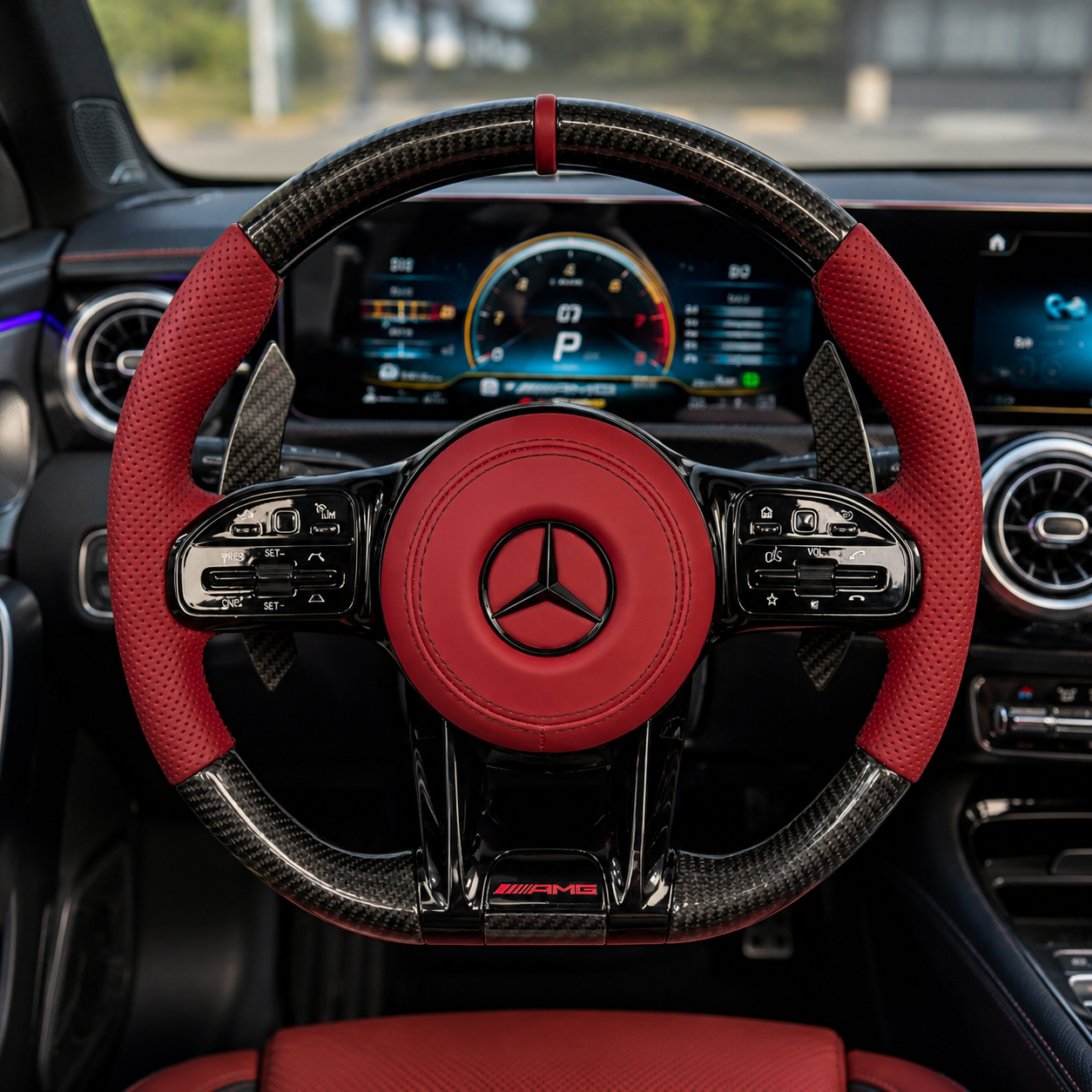 Mercedes AMG red leather carbon fiber steering wheel installed in W205 C63 interior for W117 W176 W177 W204 W213 C200 C300 by CJ Mod Garage