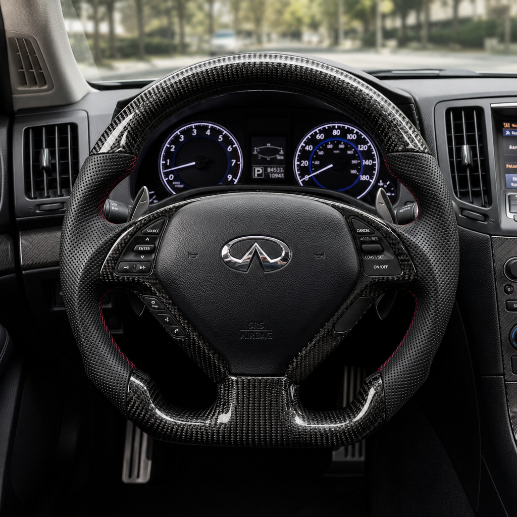 Infiniti G25 G37 custom carbon fiber steering wheel installed in cockpit with perforated leather grips red stitching and paddle shifters by CJ Mod Garage