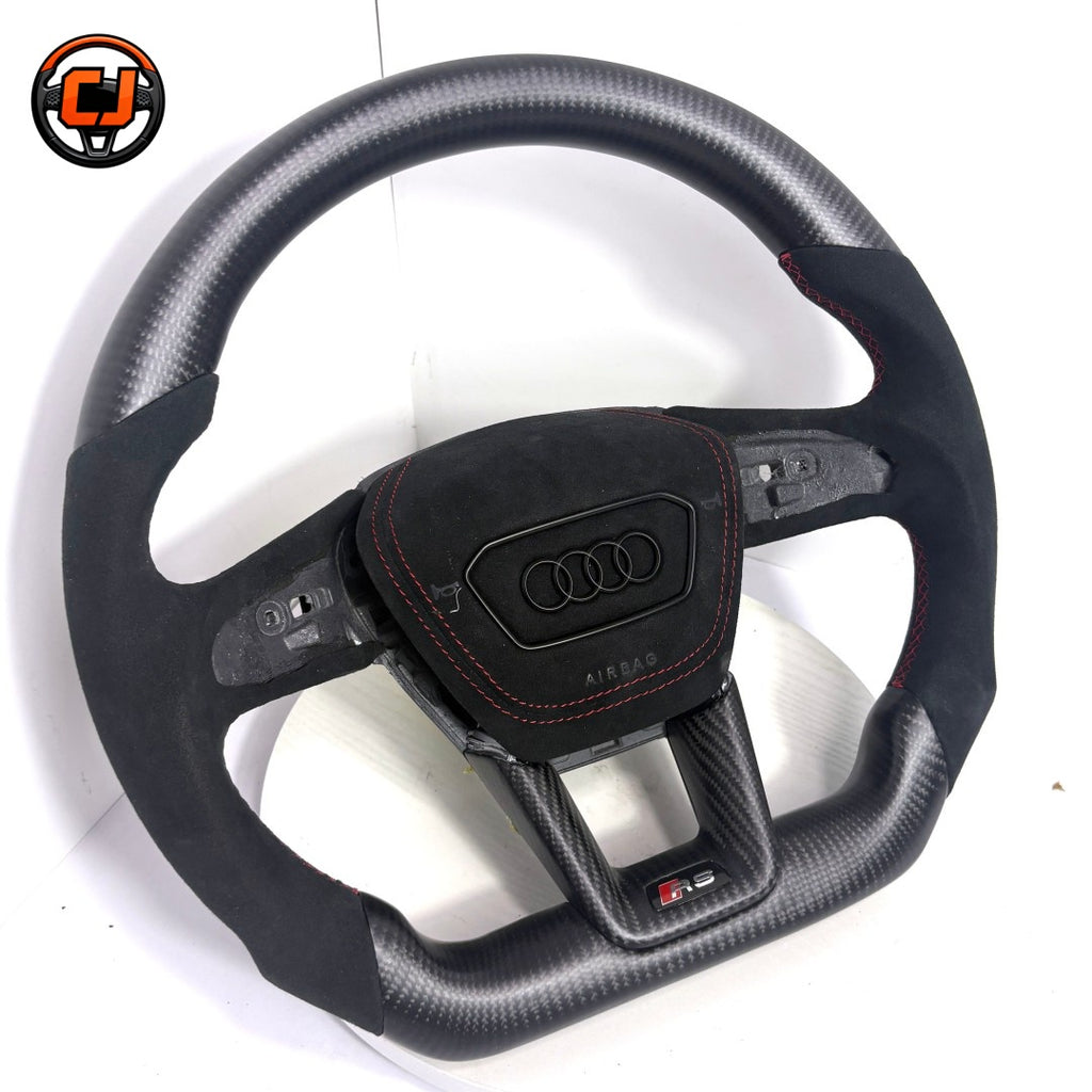 Audi matte carbon fiber flat bottom steering wheel with black Alcantara red stitching and RS trim fits Q3 2019 to 2025 Q5 Q5L 2018 to 2025 Q7 and Q8