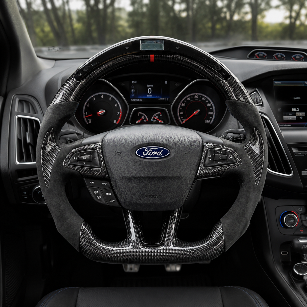 Ford Focus custom carbon fiber and Alcantara flat-bottom steering wheel interior view by CJ Mod Garage