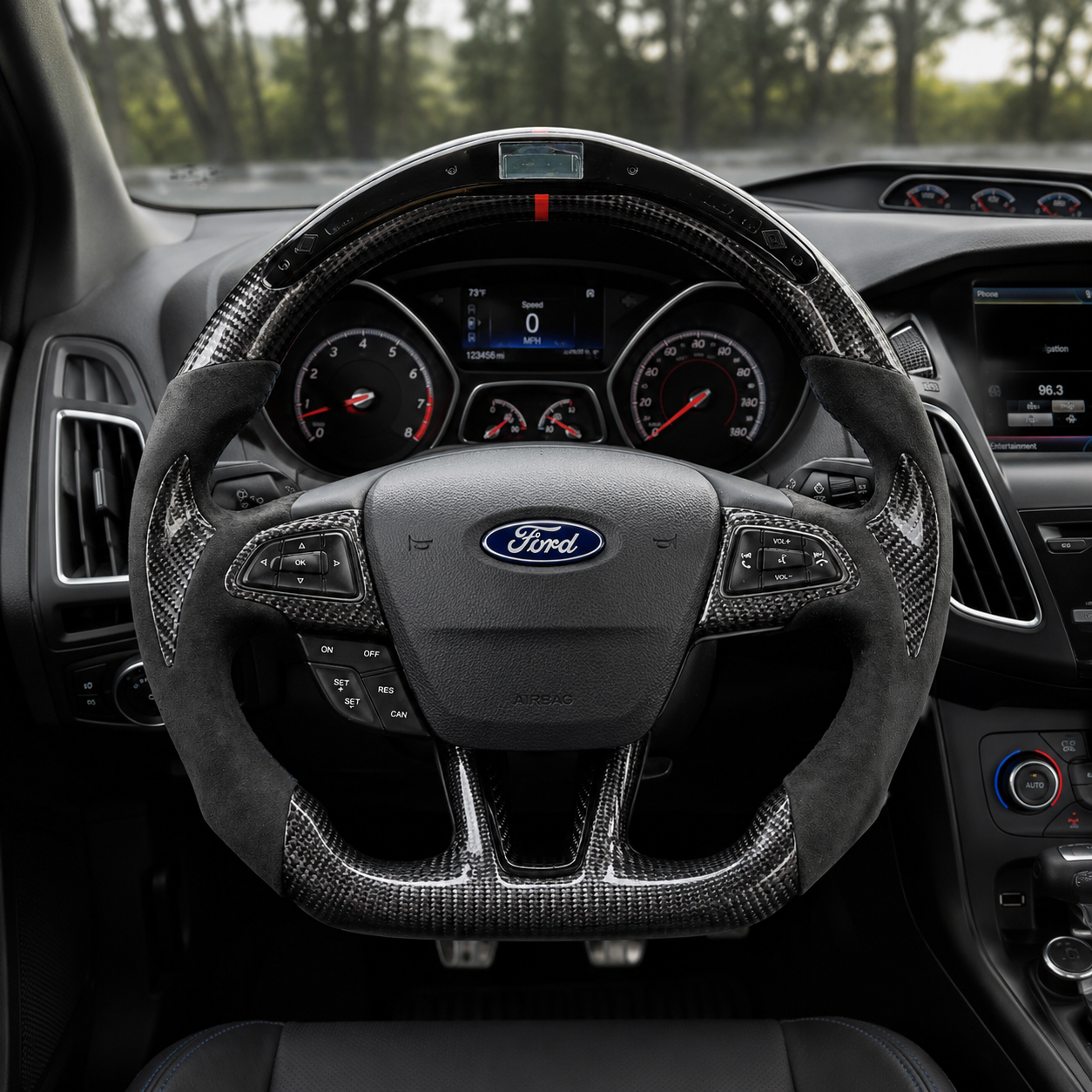 Ford Focus custom carbon fiber and Alcantara flat-bottom steering wheel interior view by CJ Mod Garage