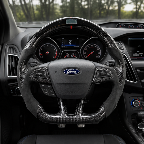 Ford Focus custom carbon fiber and Alcantara flat-bottom steering wheel interior view by CJ Mod Garage