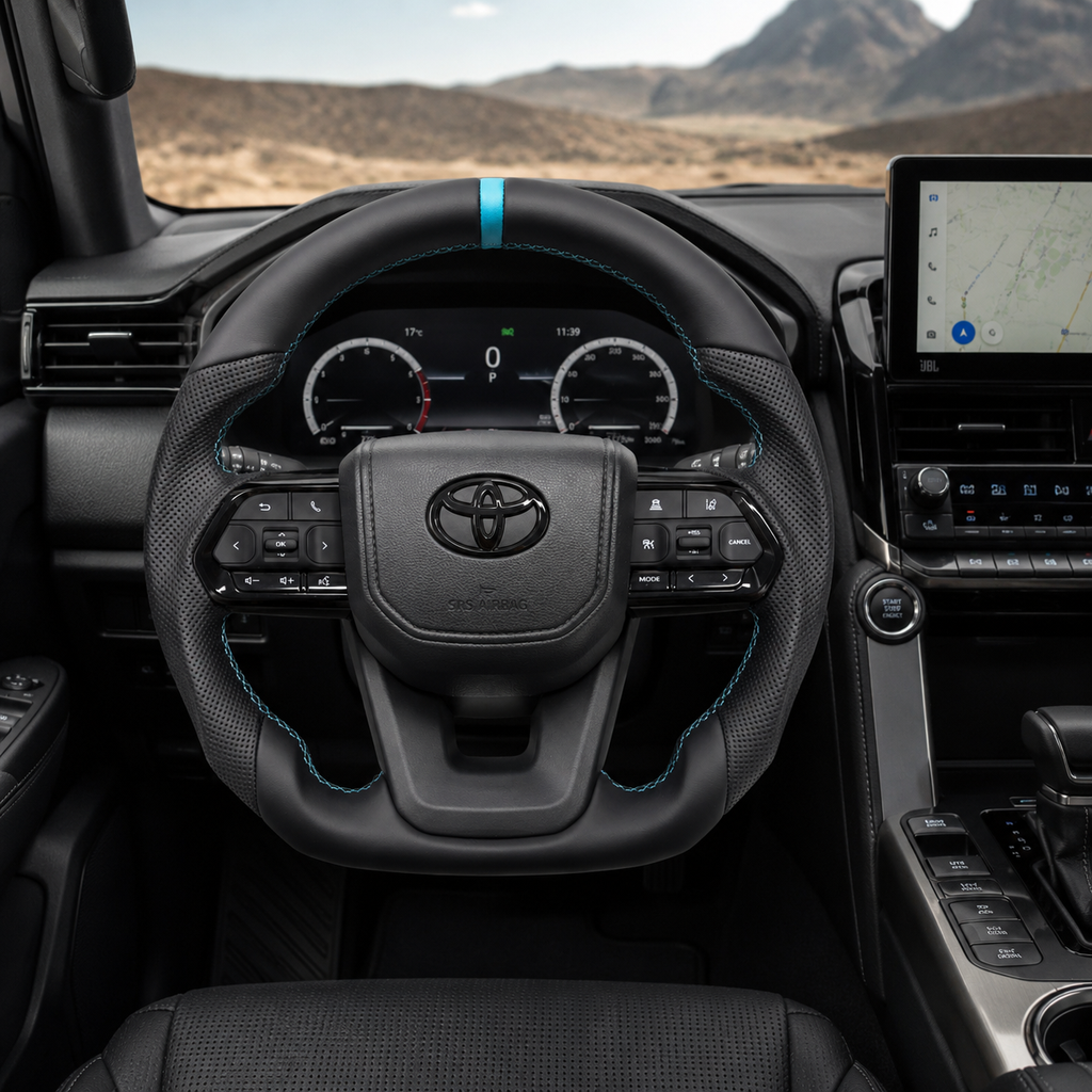 Toyota Land Cruiser LC300 custom leather steering wheel with perforated leather side grips, light blue center stripe and matching stitching installed in vehicle interior by CJ Mod Garage