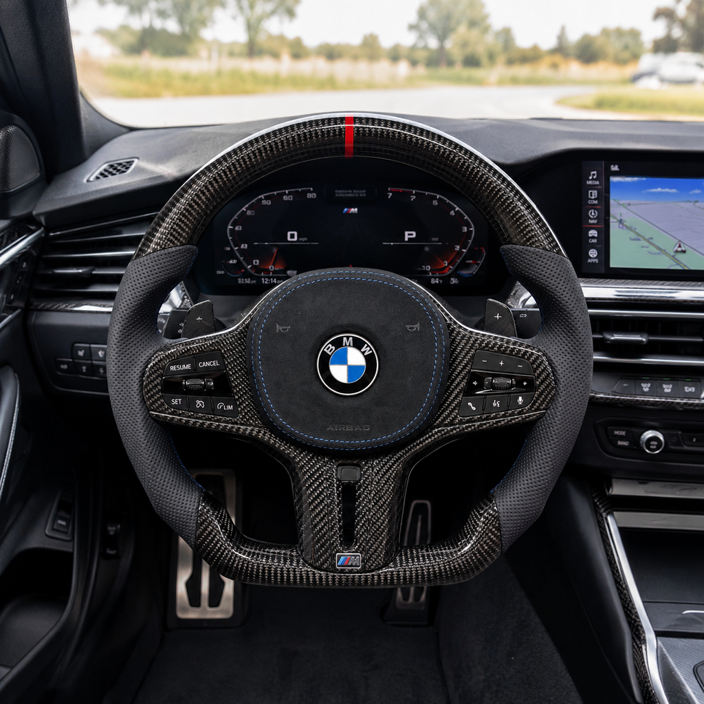 Custom BMW carbon fiber steering wheel with red center stripe, perforated leather grips, and blue stitching installed in BMW cockpit driving scene compatible with BMW G02 G05 G06 G09 G11 G12 G15 G20 G22 G28 G29 G30 G38 G80 G82 F40 F90