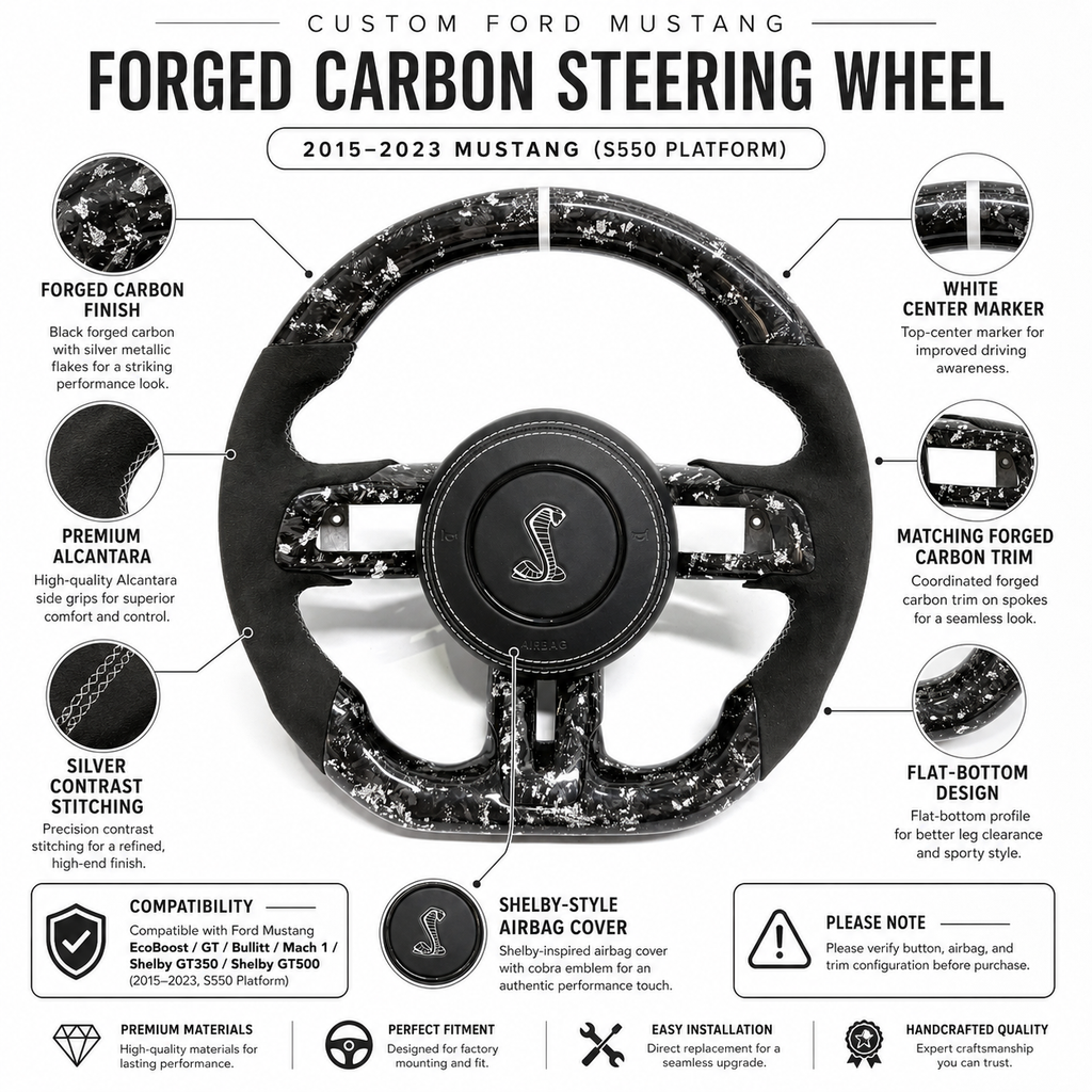 FOR Ford Mustang S550/GT 2015-2023 Carbon Fiber Steering Wheel - Silver Forged Carbon Fiber & Black Alcantara & Shelby Airbag Cover - CJ Mod Garage & Product Details Image